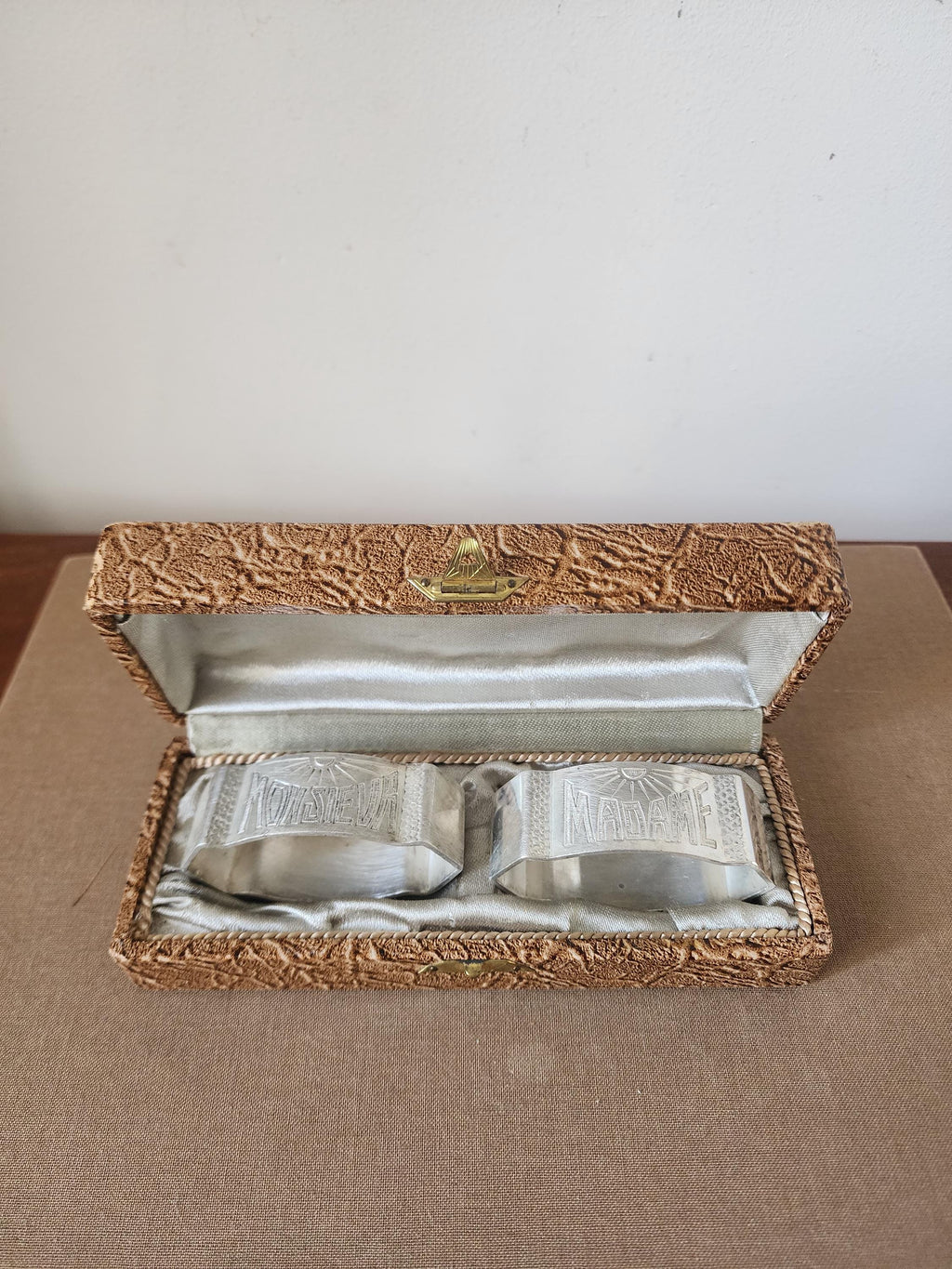 Vintage Monsieur Madame Napkin Rings with Box, French Silver Tone Napkin Holders Set, Romantic Table Setting, Wedding Table Decor