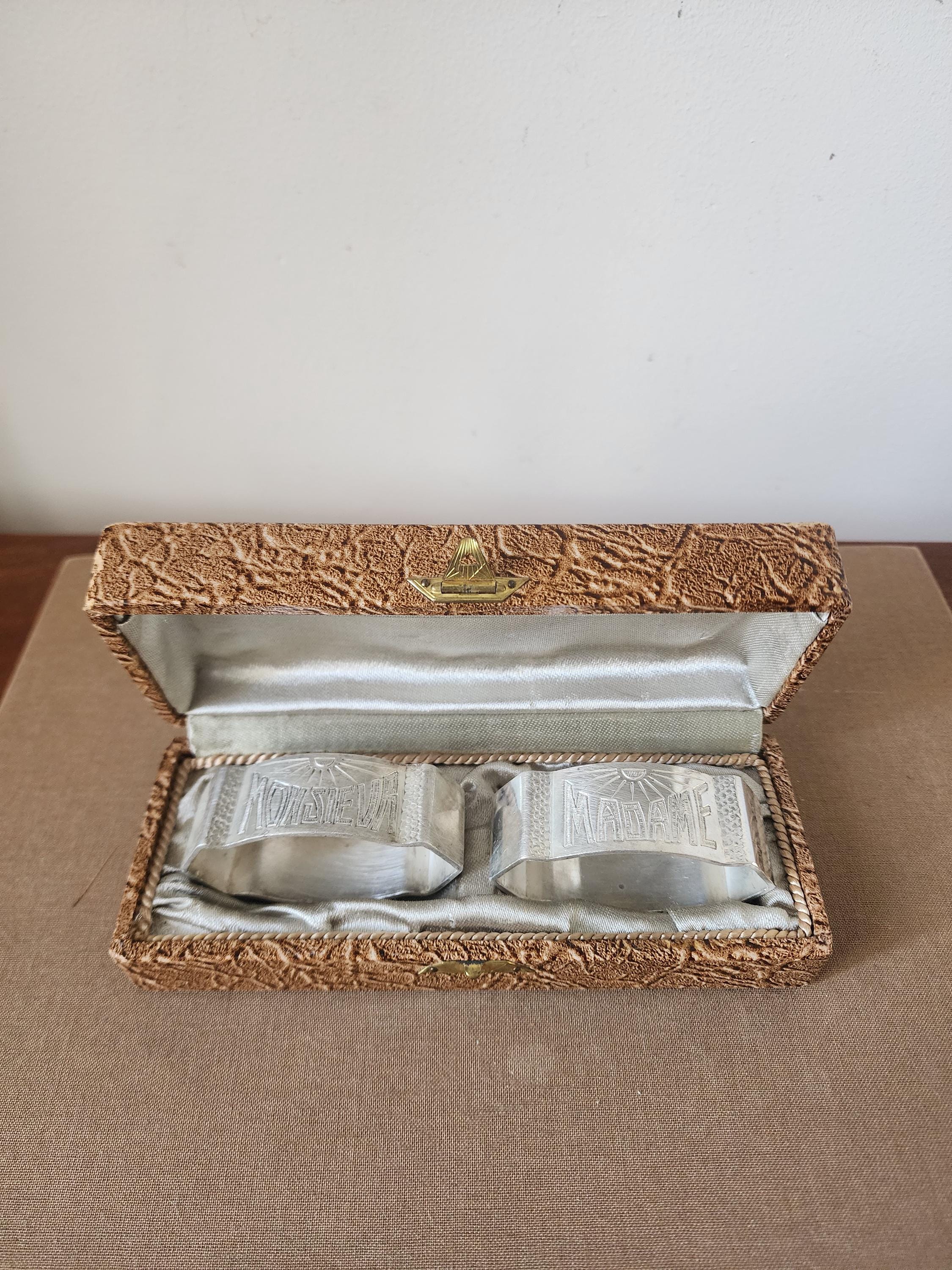 Vintage Monsieur Madame Napkin Rings with Box, French Silver Tone Napkin Holders Set, Romantic Table Setting, Wedding Table Decor