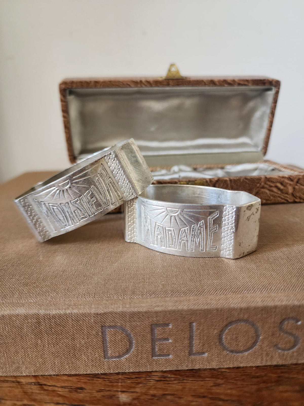 Vintage Monsieur Madame Napkin Rings with Box, French Silver Tone Napkin Holders Set, Romantic Table Setting, Wedding Table Decor