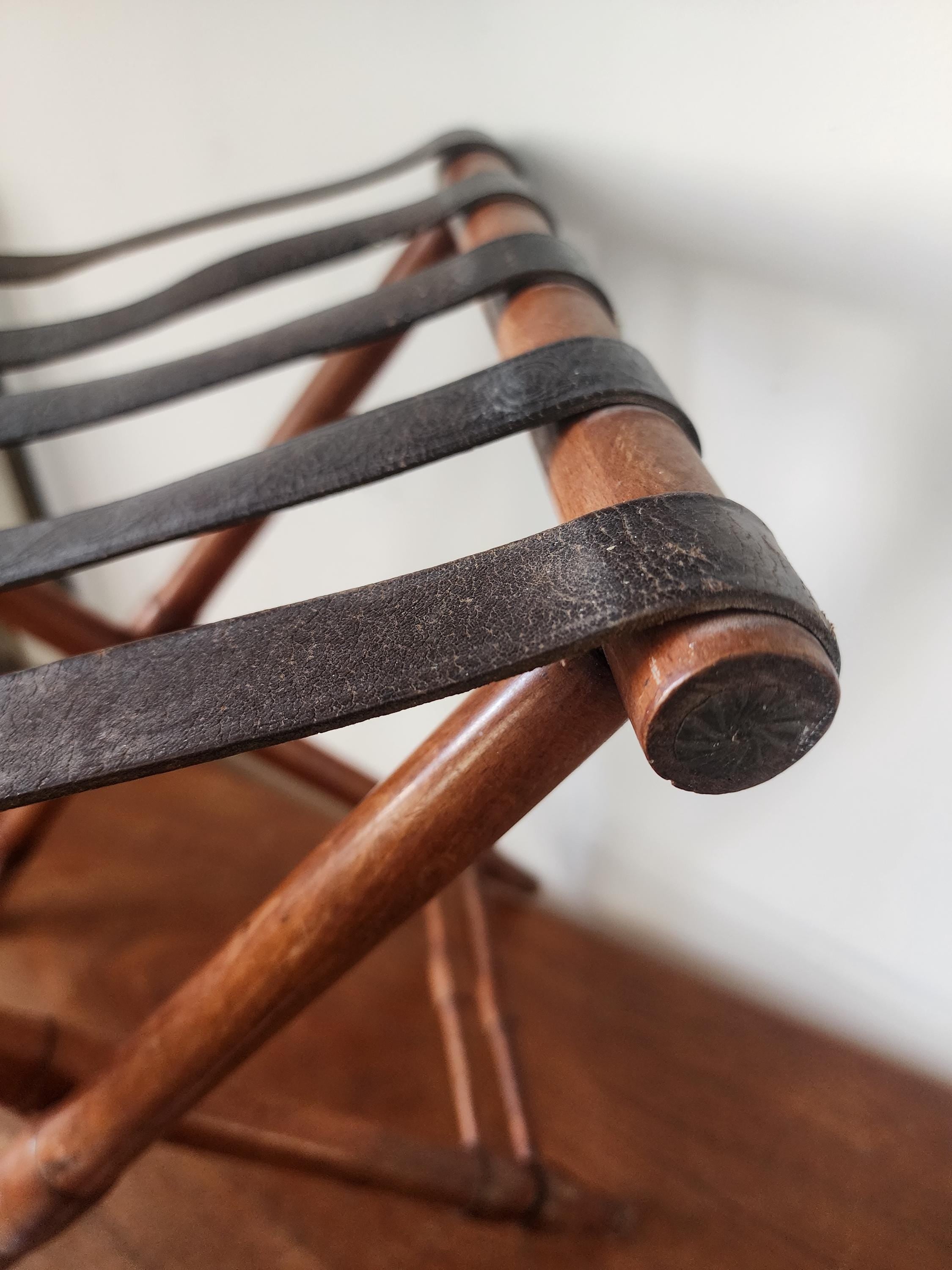 Vintage Folding Campaign Stool, Wood and Leather Strap Folding Chair, Portable Travel Stool, Rustic Wooden Folding Seat