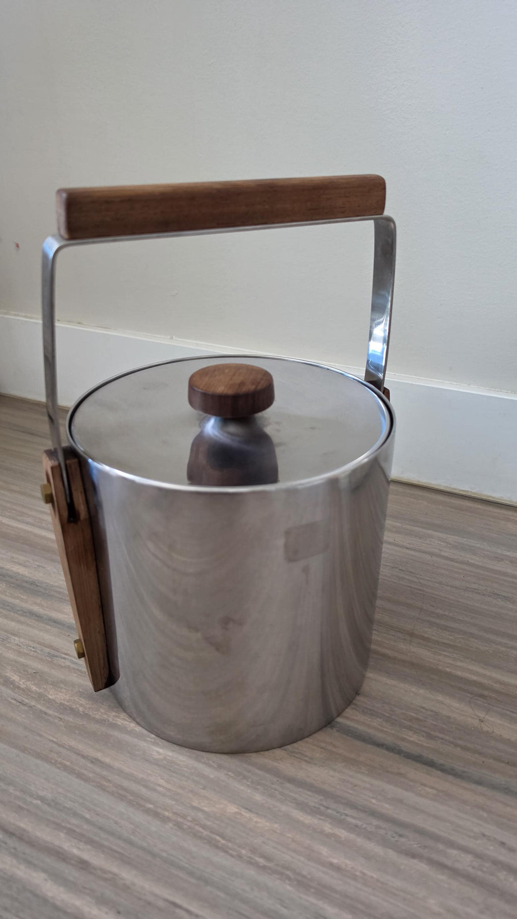 1960s Swedish Cultura Stainless Steel Ice Bucket Teak Handle Mid Century Modern Barware Sweden