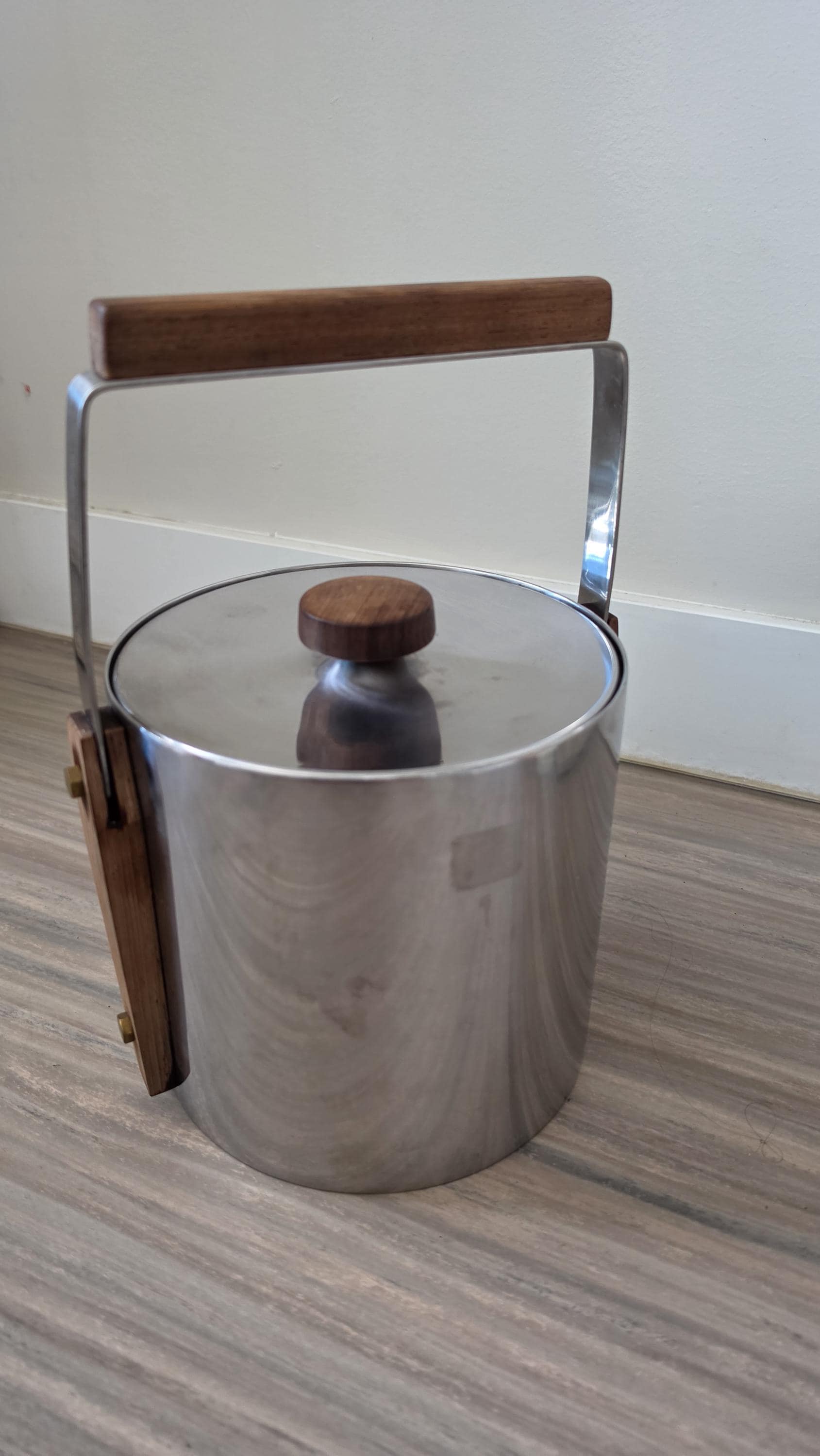 1960s Swedish Cultura Stainless Steel Ice Bucket Teak Handle Mid Century Modern Barware Sweden