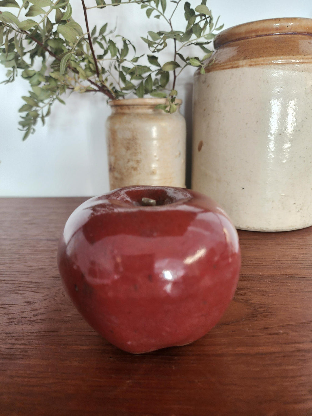 Vintage Studio Pottery Red Apple Sculpture Handmade Ceramic Fruit Decor Rustic Farmhouse Accent