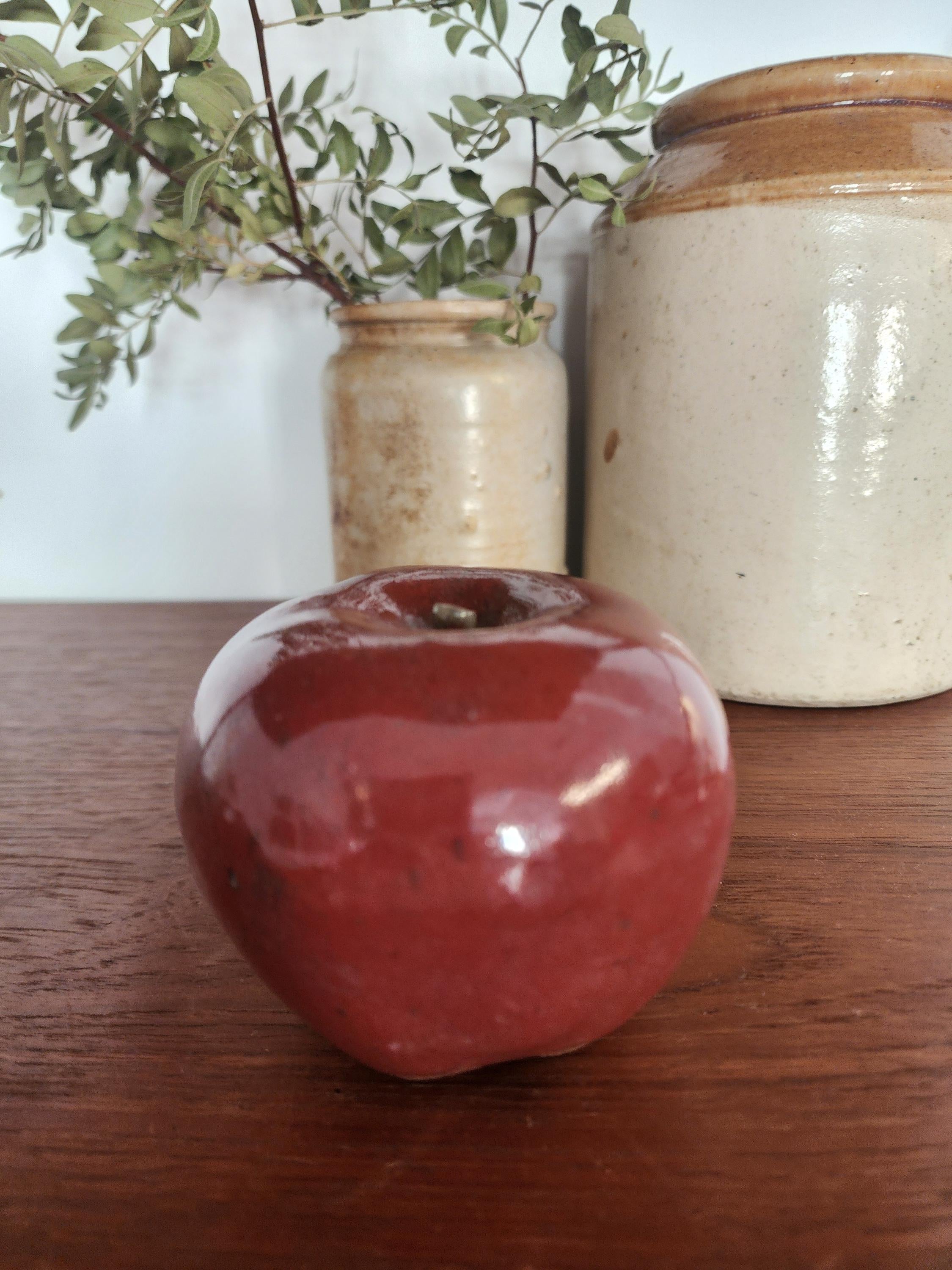 Vintage Studio Pottery Red Apple Sculpture Handmade Ceramic Fruit Decor Rustic Farmhouse Accent