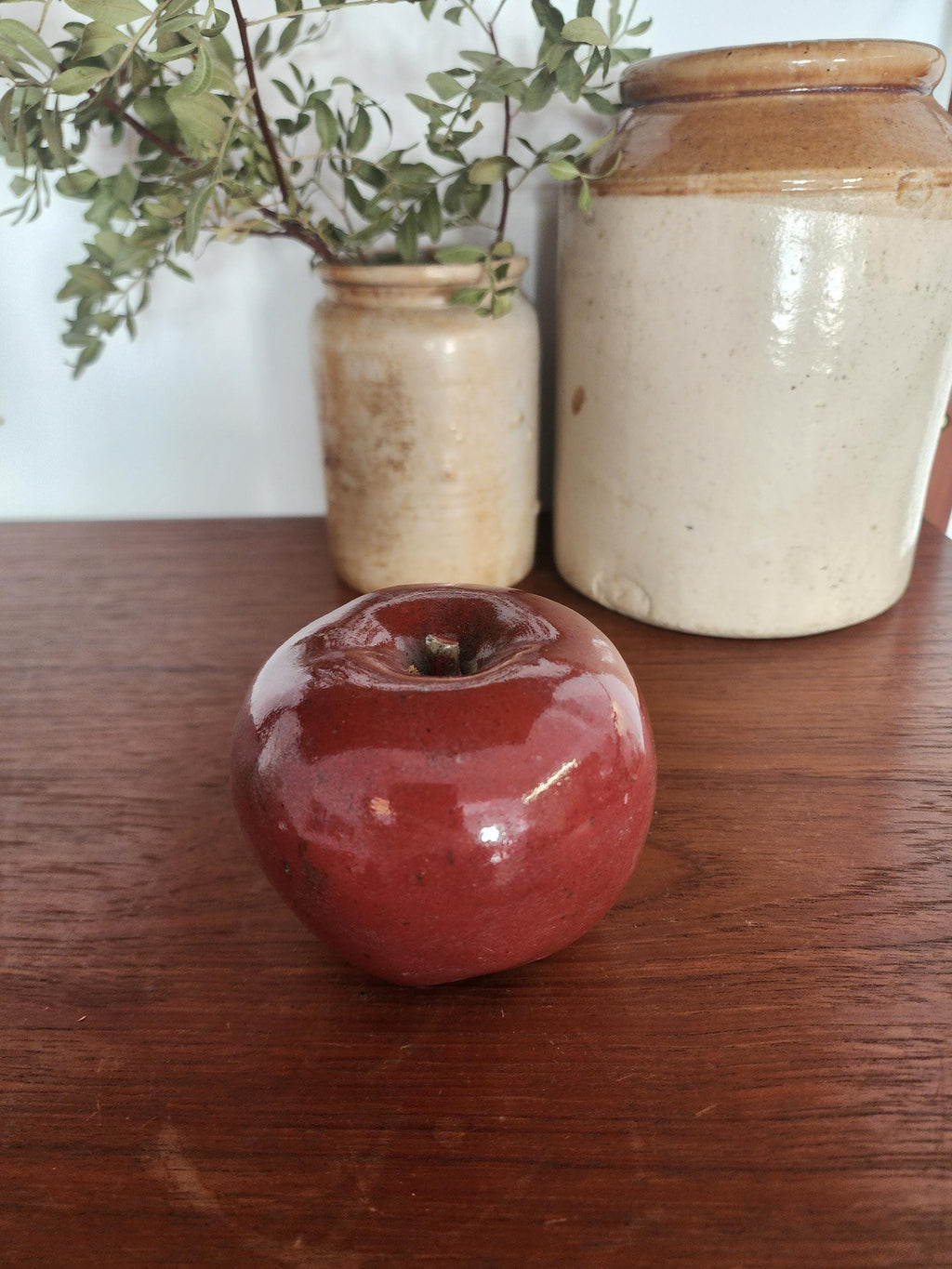 Vintage Studio Pottery Red Apple Sculpture Handmade Ceramic Fruit Decor Rustic Farmhouse Accent