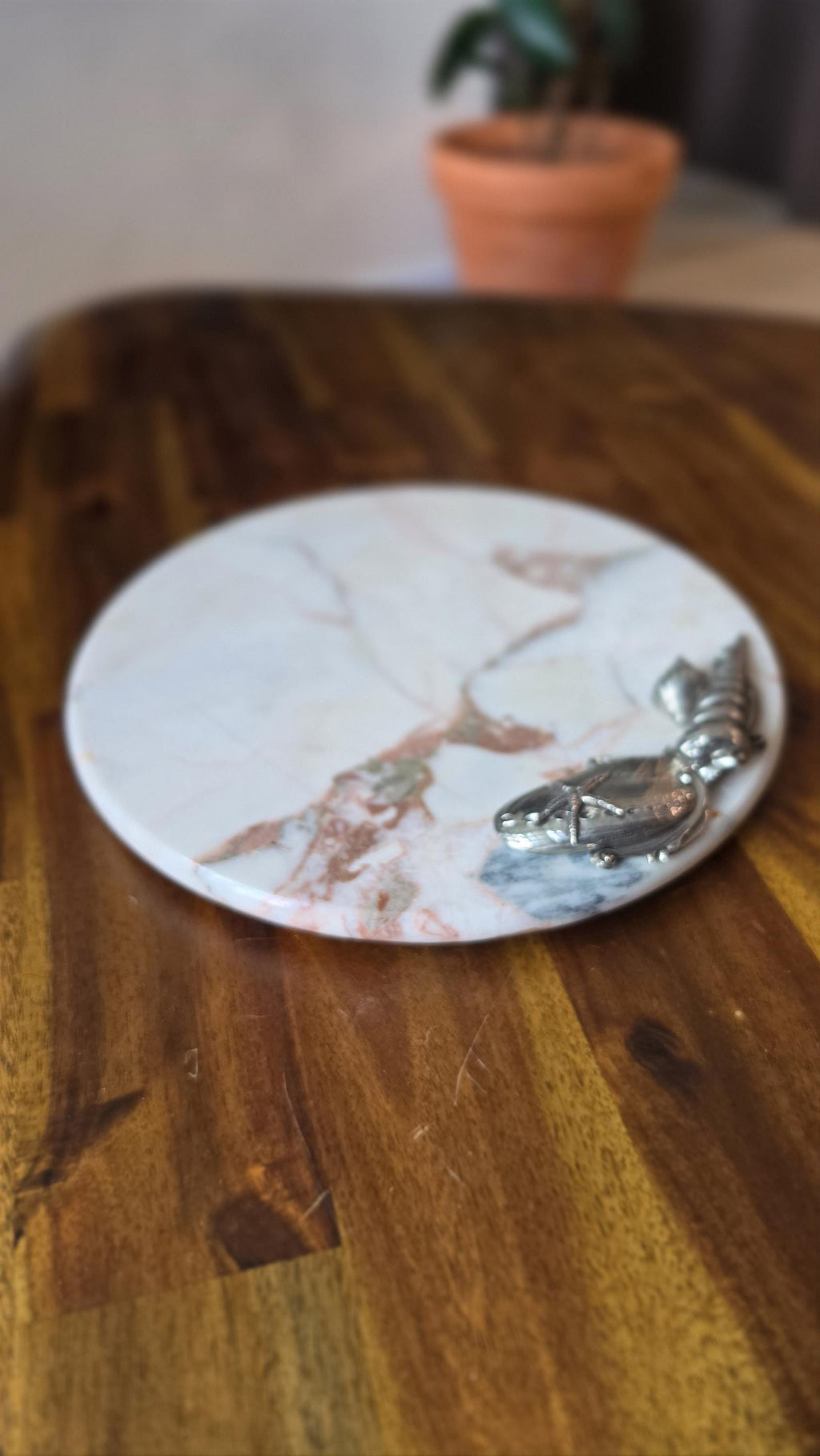 Vintage Marble Tray with Metal Handle, Round Stone Serving Platter, Italian Style Cheese Board, Decorative Marble Dish, Seagull 1995