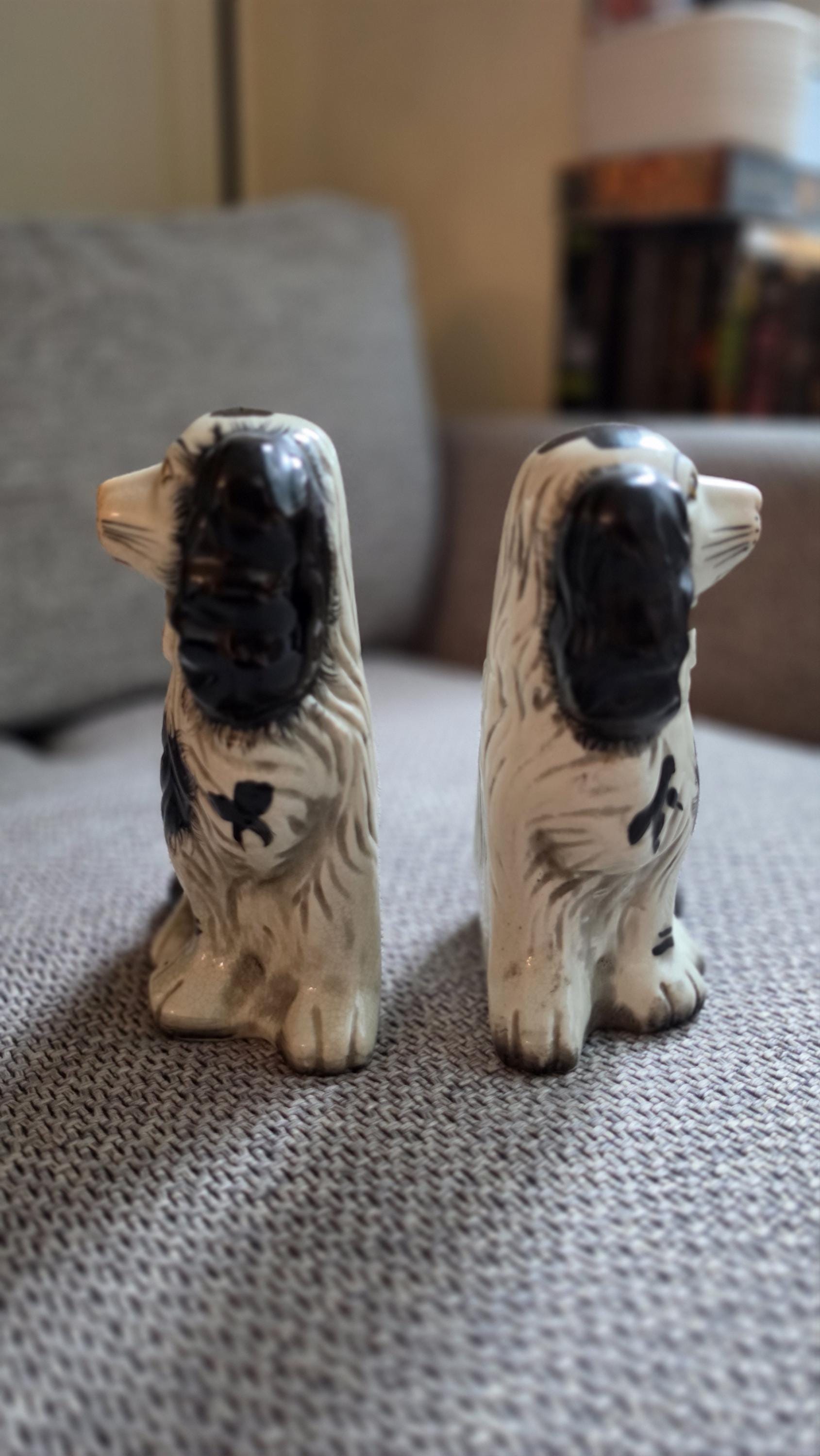 RARE Antique Staffordshire Spaniel Dogs Pair Hand Painted, Victorian Style Ceramic Dog Figurines Black White Mantel Decor