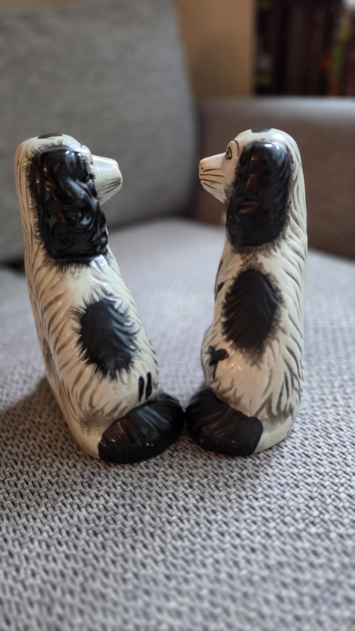 RARE Antique Staffordshire Spaniel Dogs Pair Hand Painted, Victorian Style Ceramic Dog Figurines Black White Mantel Decor