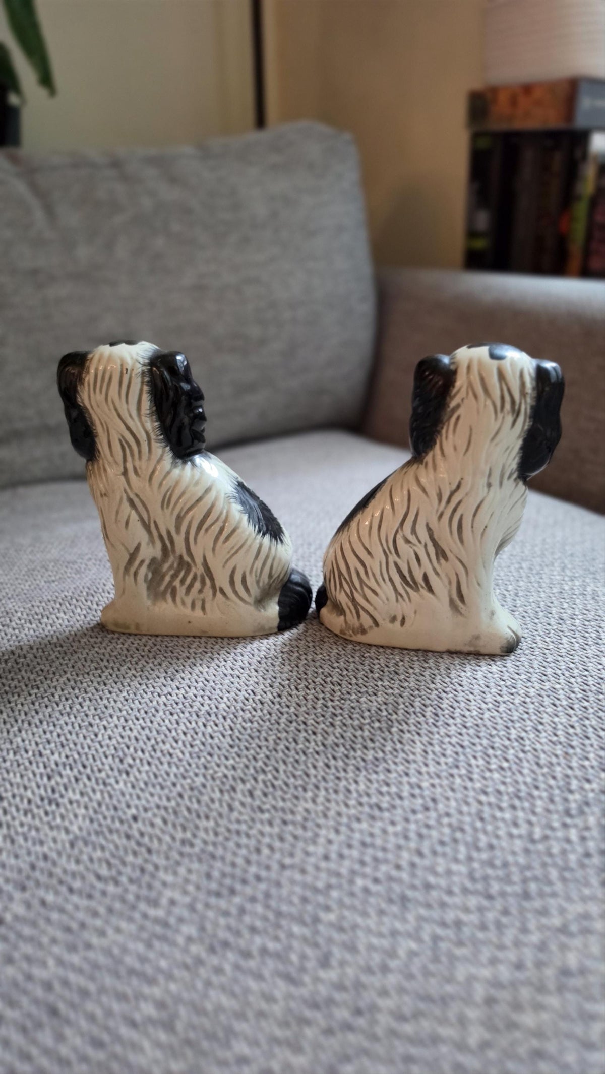 RARE Antique Staffordshire Spaniel Dogs Pair Hand Painted, Victorian Style Ceramic Dog Figurines Black White Mantel Decor