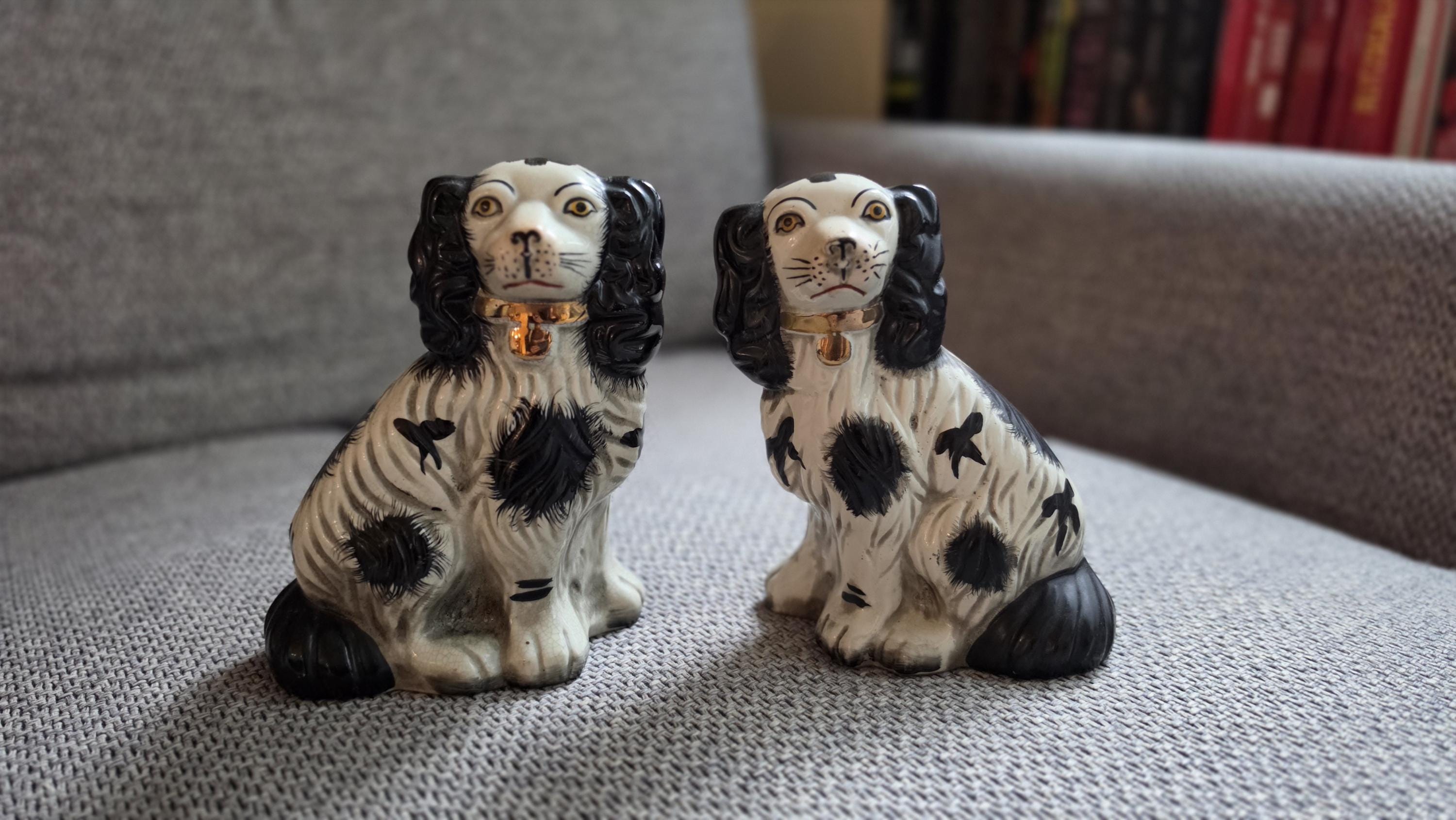 RARE Antique Staffordshire Spaniel Dogs Pair Hand Painted, Victorian Style Ceramic Dog Figurines Black White Mantel Decor