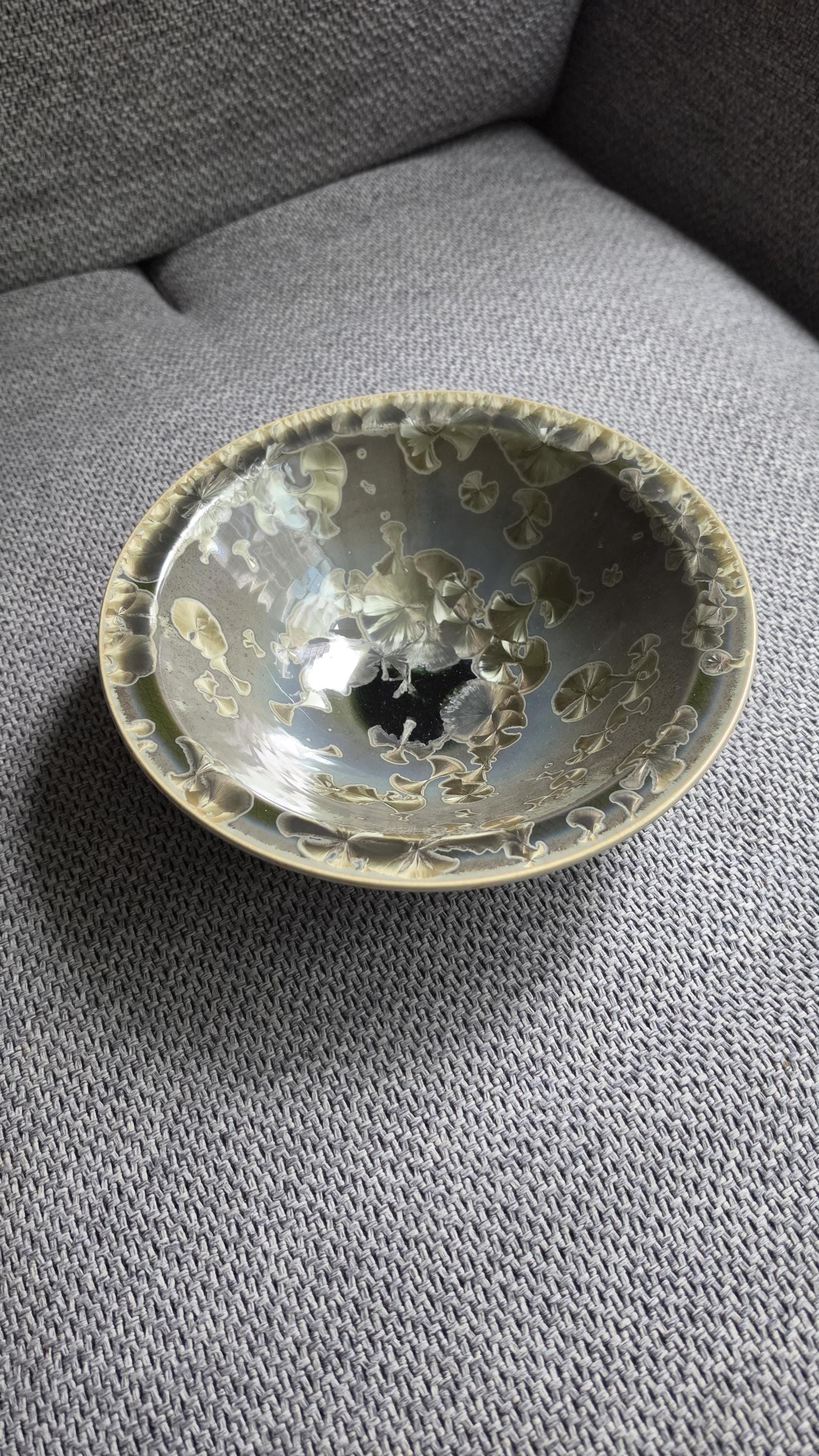 Vintage Crystalline Glaze Studio Pottery Bowl Signed Artist Dish, Mid Century Ceramic Art Bowl Green Drip Glaze Decorative Piece