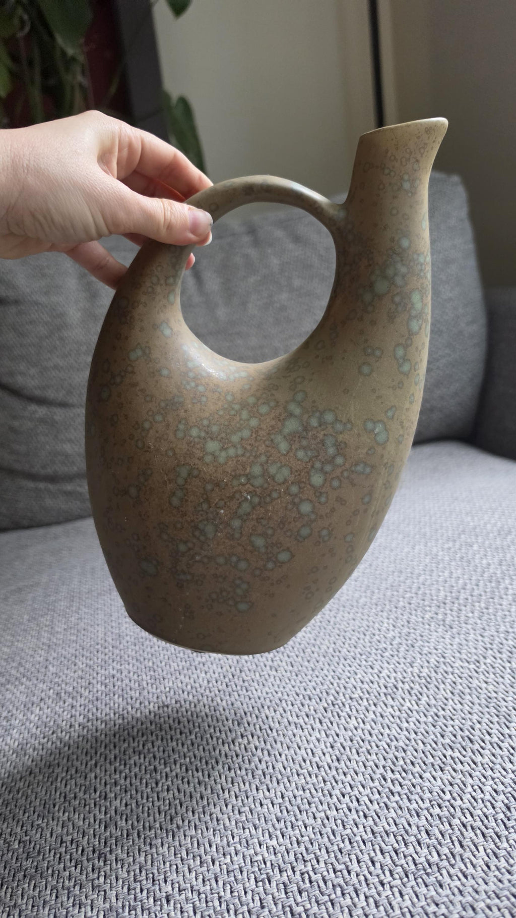 Mid Century Studio Pottery Vase Pitcher, Organic Modern Ceramic Vessel with Handle, Earth Tone Drip Glaze Sculptural Decor