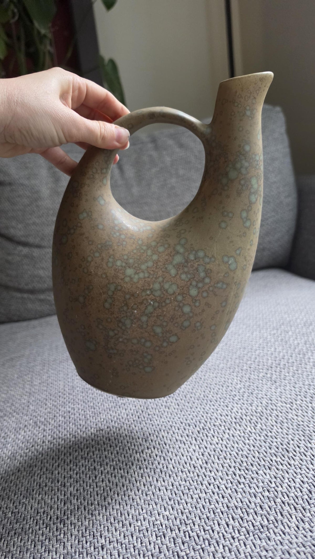 Mid Century Studio Pottery Vase Pitcher, Organic Modern Ceramic Vessel with Handle, Earth Tone Drip Glaze Sculptural Decor