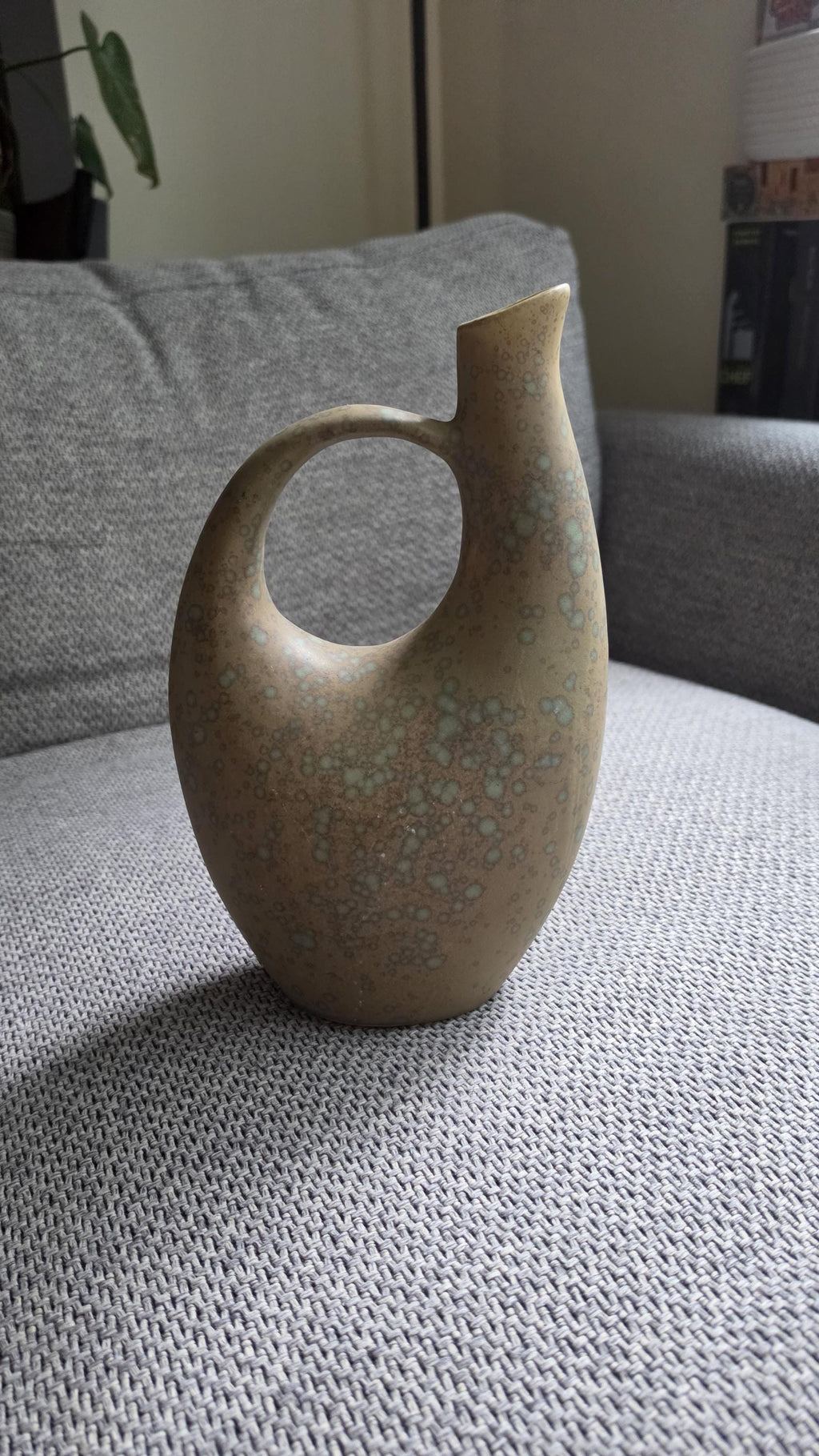 Mid Century Studio Pottery Vase Pitcher, Organic Modern Ceramic Vessel with Handle, Earth Tone Drip Glaze Sculptural Decor