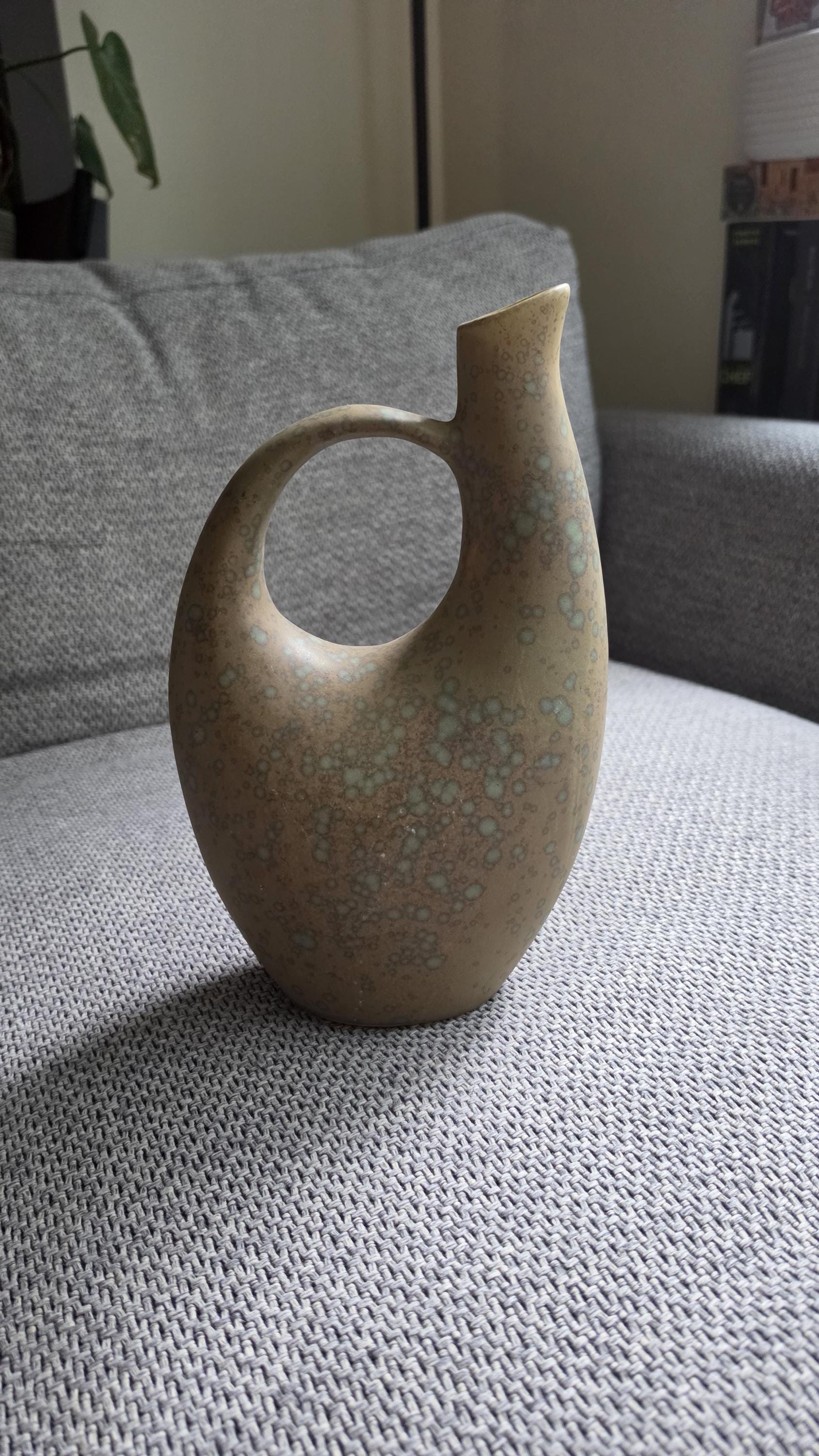 Mid Century Studio Pottery Vase Pitcher, Organic Modern Ceramic Vessel with Handle, Earth Tone Drip Glaze Sculptural Decor