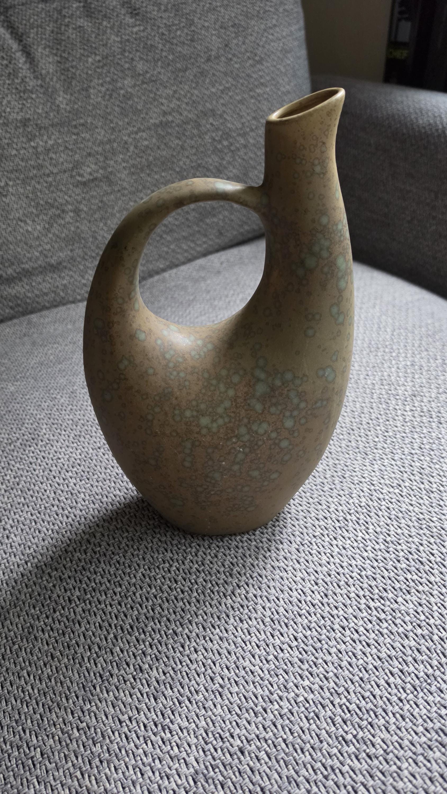 Mid Century Studio Pottery Vase Pitcher, Organic Modern Ceramic Vessel with Handle, Earth Tone Drip Glaze Sculptural Decor