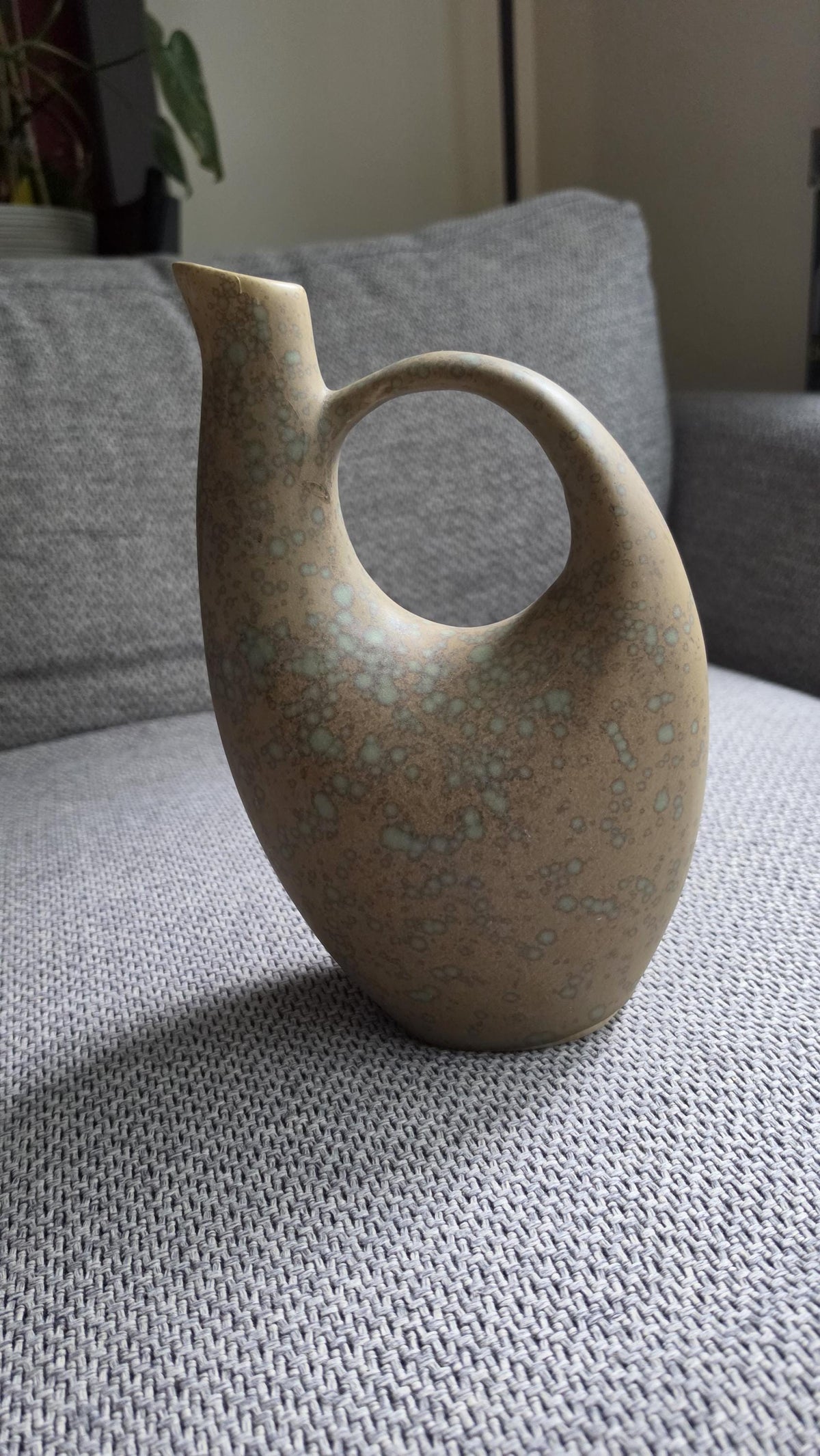 Mid Century Studio Pottery Vase Pitcher, Organic Modern Ceramic Vessel with Handle, Earth Tone Drip Glaze Sculptural Decor