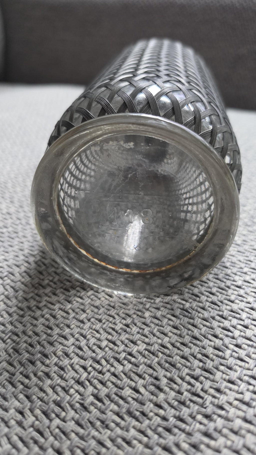 Vintage Soda Siphon Bottle, Mid Century Seltzer Syphon with Metal Mesh Cover, Bar Decor, Industrial Glass Bottle