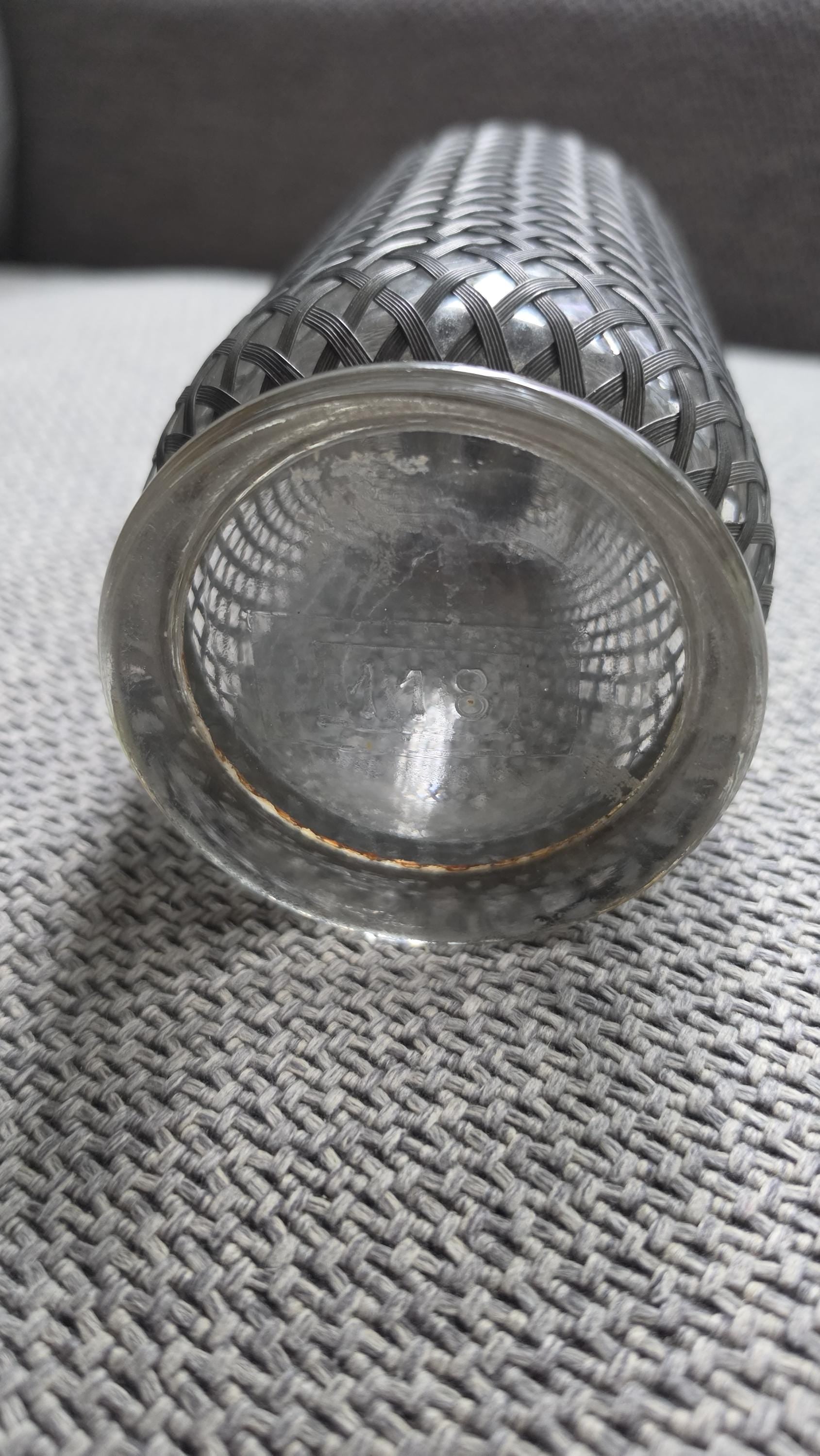 Vintage Soda Siphon Bottle, Mid Century Seltzer Syphon with Metal Mesh Cover, Bar Decor, Industrial Glass Bottle