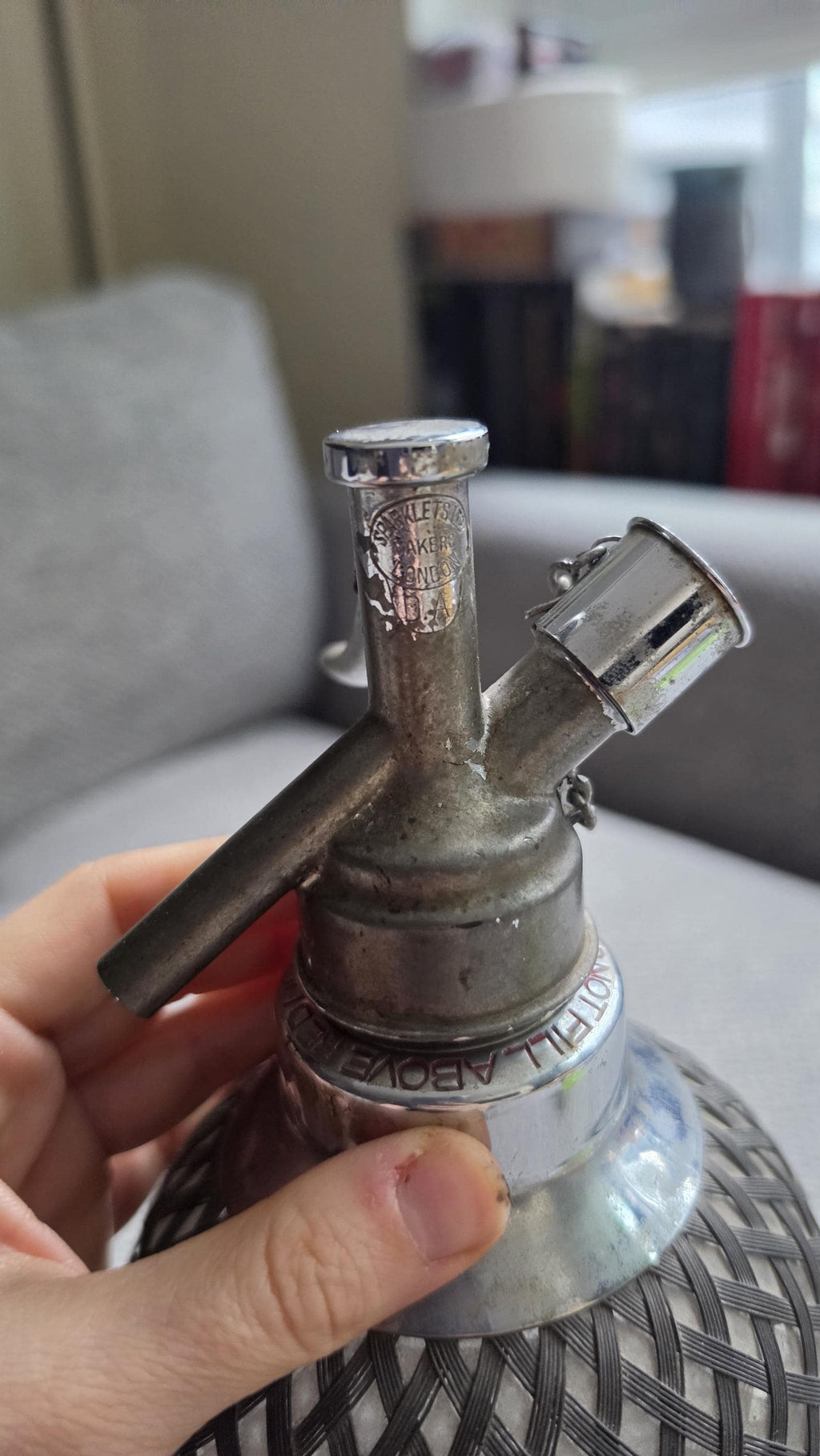 Vintage Soda Siphon Bottle, Mid Century Seltzer Syphon with Metal Mesh Cover, Bar Decor, Industrial Glass Bottle