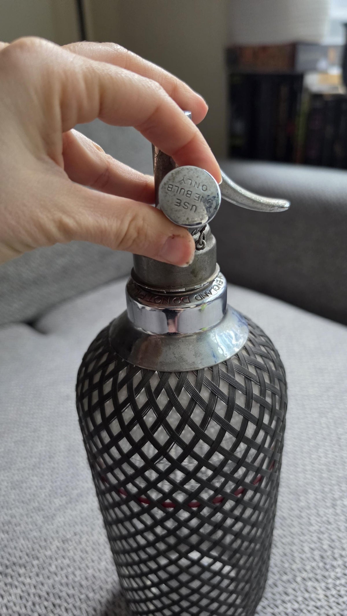 Vintage Soda Siphon Bottle, Mid Century Seltzer Syphon with Metal Mesh Cover, Bar Decor, Industrial Glass Bottle