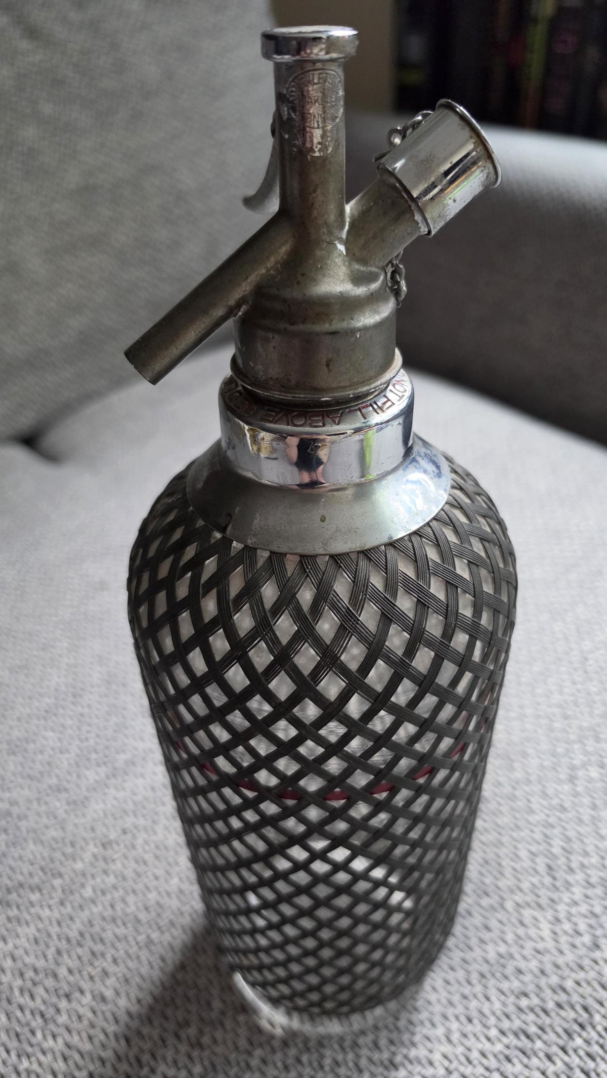 Vintage Soda Siphon Bottle, Mid Century Seltzer Syphon with Metal Mesh Cover, Bar Decor, Industrial Glass Bottle
