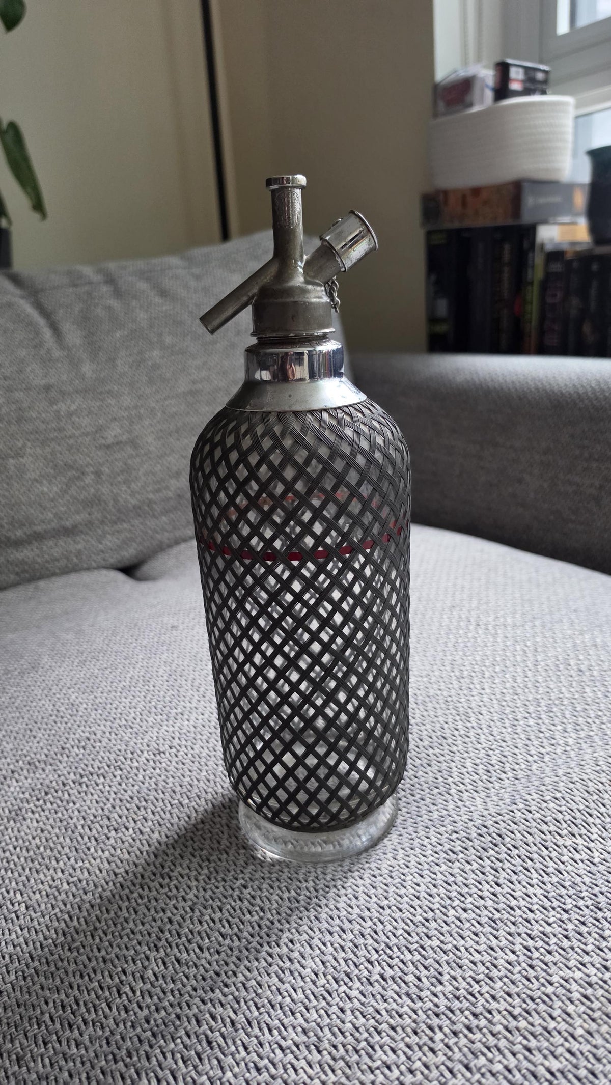 Vintage Soda Siphon Bottle, Mid Century Seltzer Syphon with Metal Mesh Cover, Bar Decor, Industrial Glass Bottle