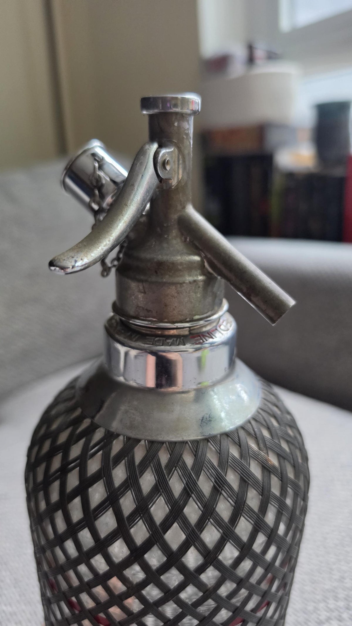 Vintage Soda Siphon Bottle, Mid Century Seltzer Syphon with Metal Mesh Cover, Bar Decor, Industrial Glass Bottle