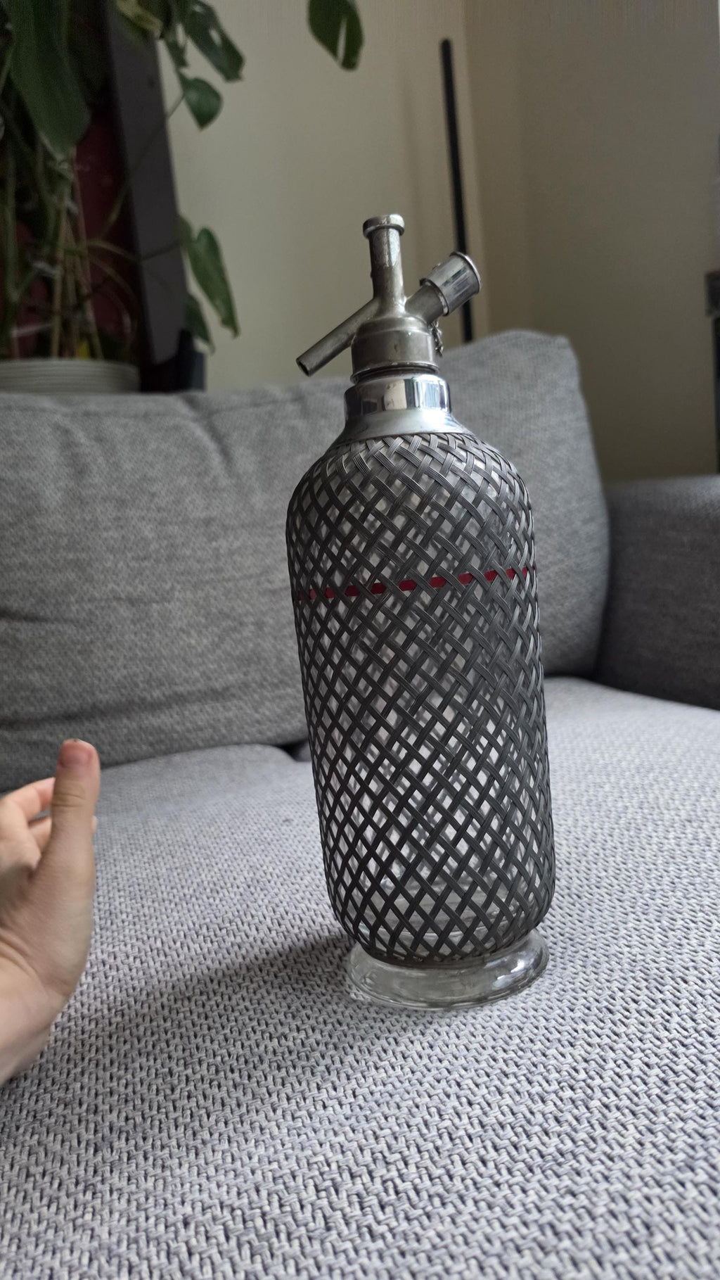 Vintage Soda Siphon Bottle, Mid Century Seltzer Syphon with Metal Mesh Cover, Bar Decor, Industrial Glass Bottle
