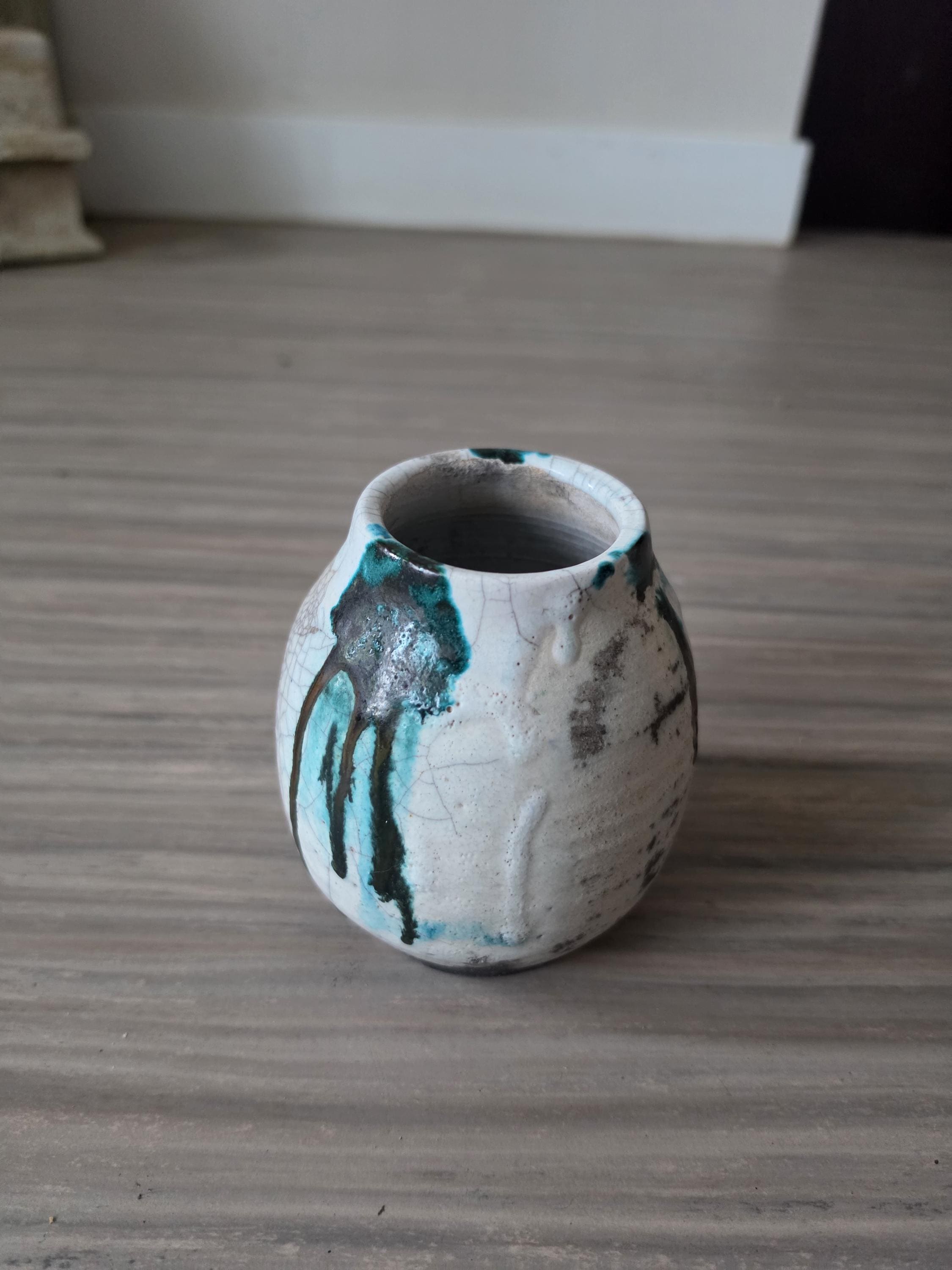 Vintage Studio Pottery Vase Raku Glaze Drip Ceramic Vessel Mid Century Modern Organic Form Art Pottery Bud Vase