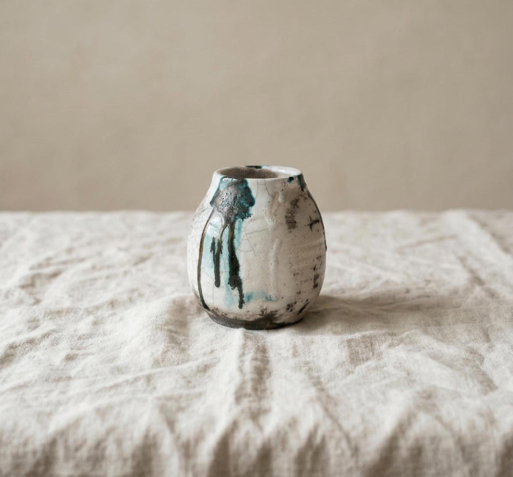 Vintage Studio Pottery Vase Raku Glaze Drip Ceramic Vessel Mid Century Modern Organic Form Art Pottery Bud Vase