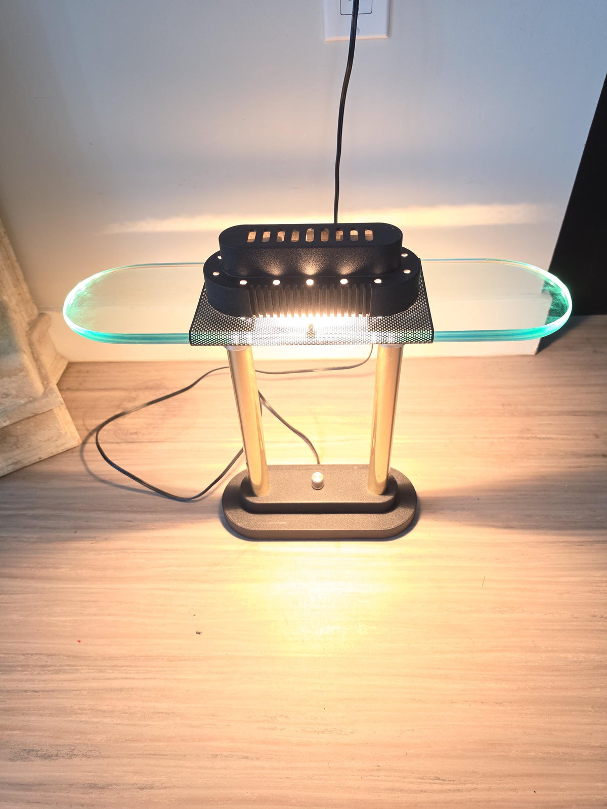 Vintage Robert Sonneman Desk Lamp Dimmable Postmodern Table Lamp Glass Shelf Brass Columns 1980s Memphis Style Lighting