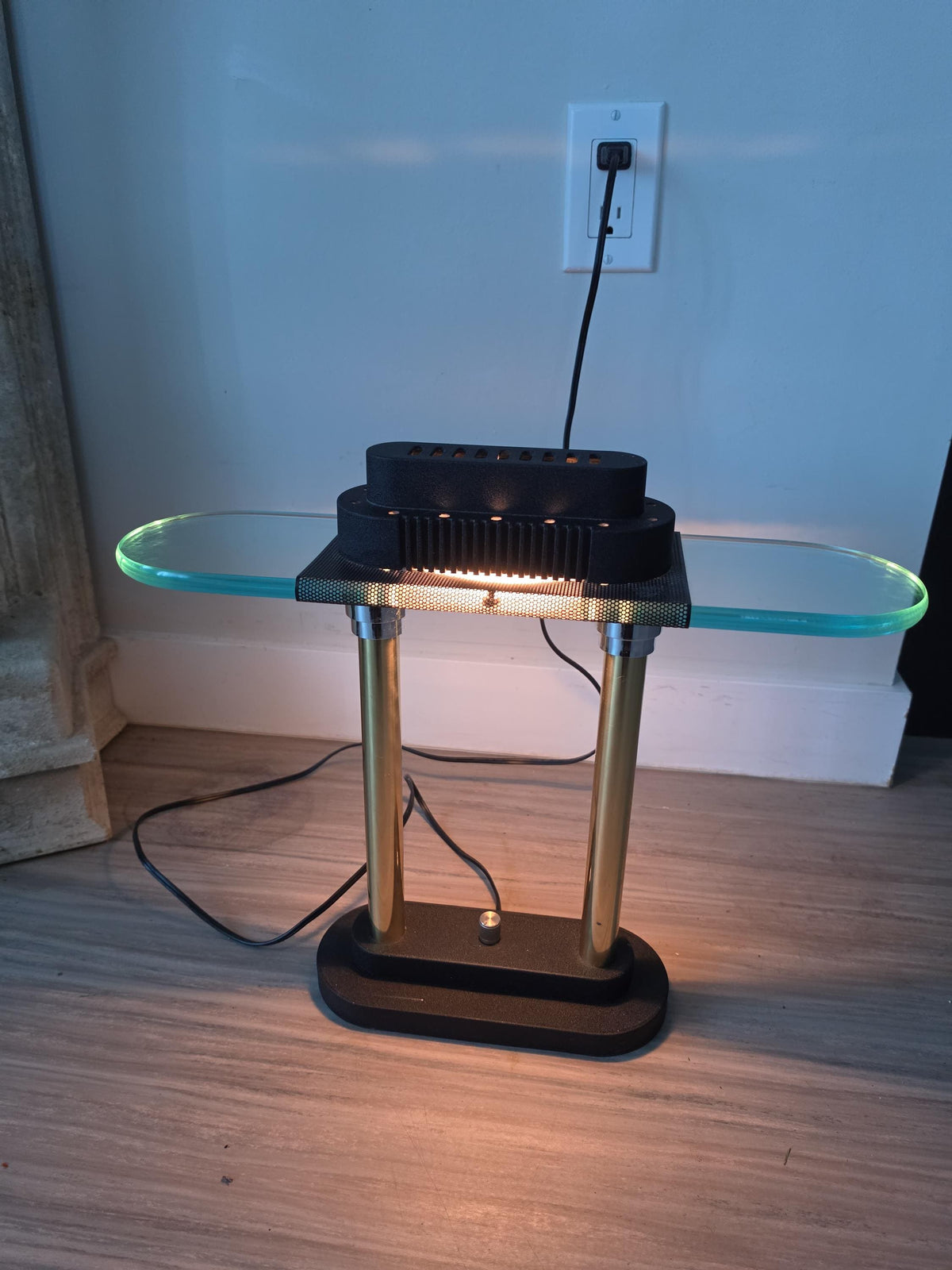 Vintage Robert Sonneman Desk Lamp Dimmable Postmodern Table Lamp Glass Shelf Brass Columns 1980s Memphis Style Lighting