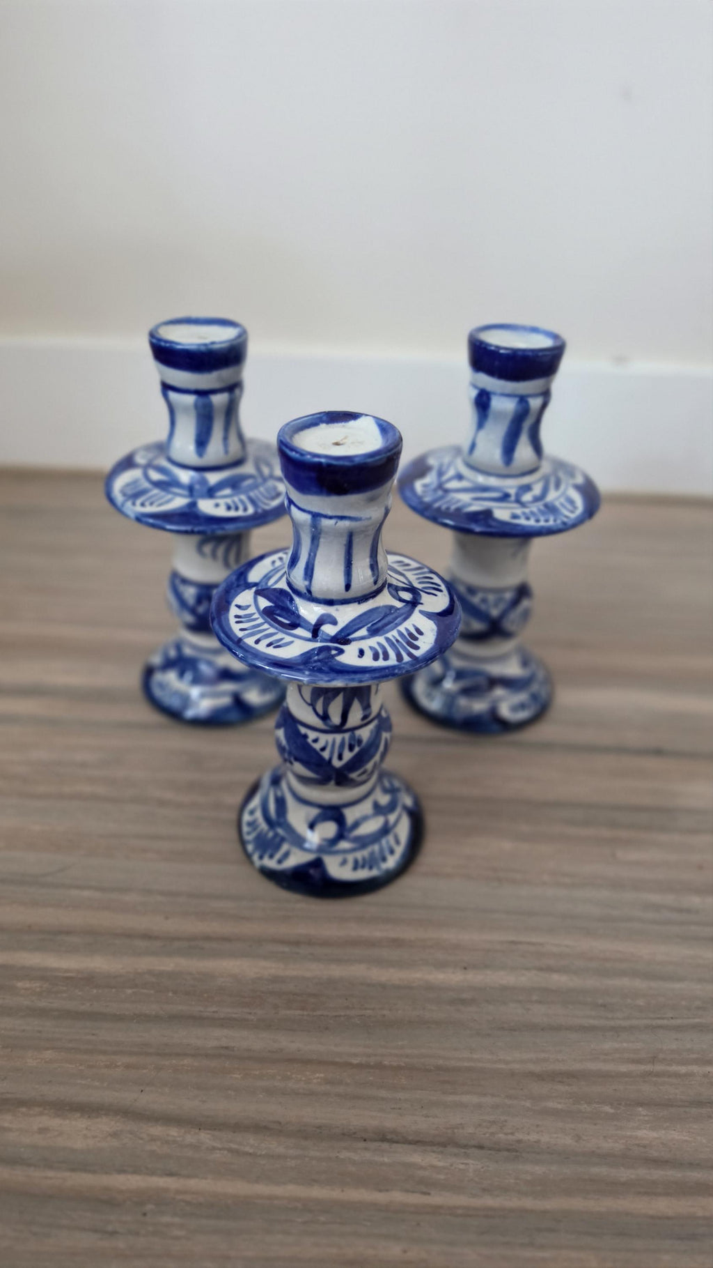 Vintage Hand Painted Blue White Porcelain Candlestick Holders Set of 3 Delft Style Candle Holders