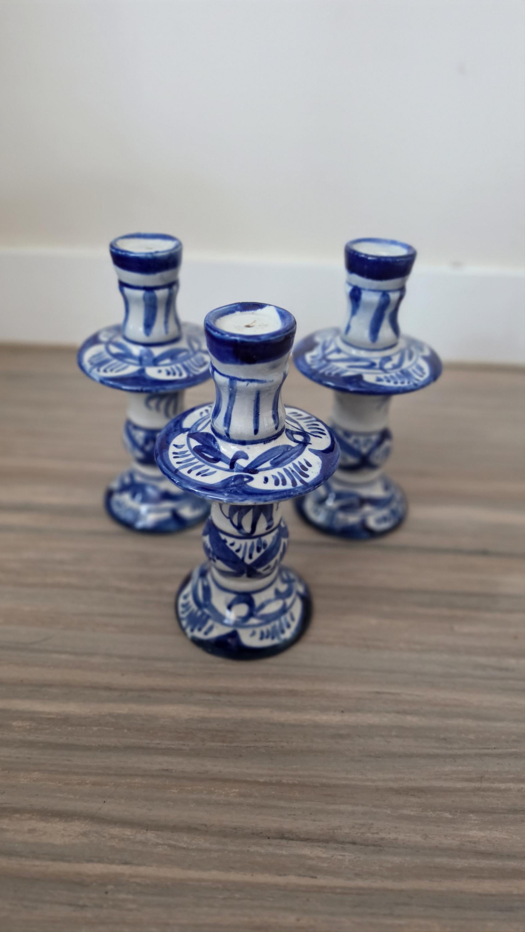 Vintage Hand Painted Blue White Porcelain Candlestick Holders Set of 3 Delft Style Candle Holders