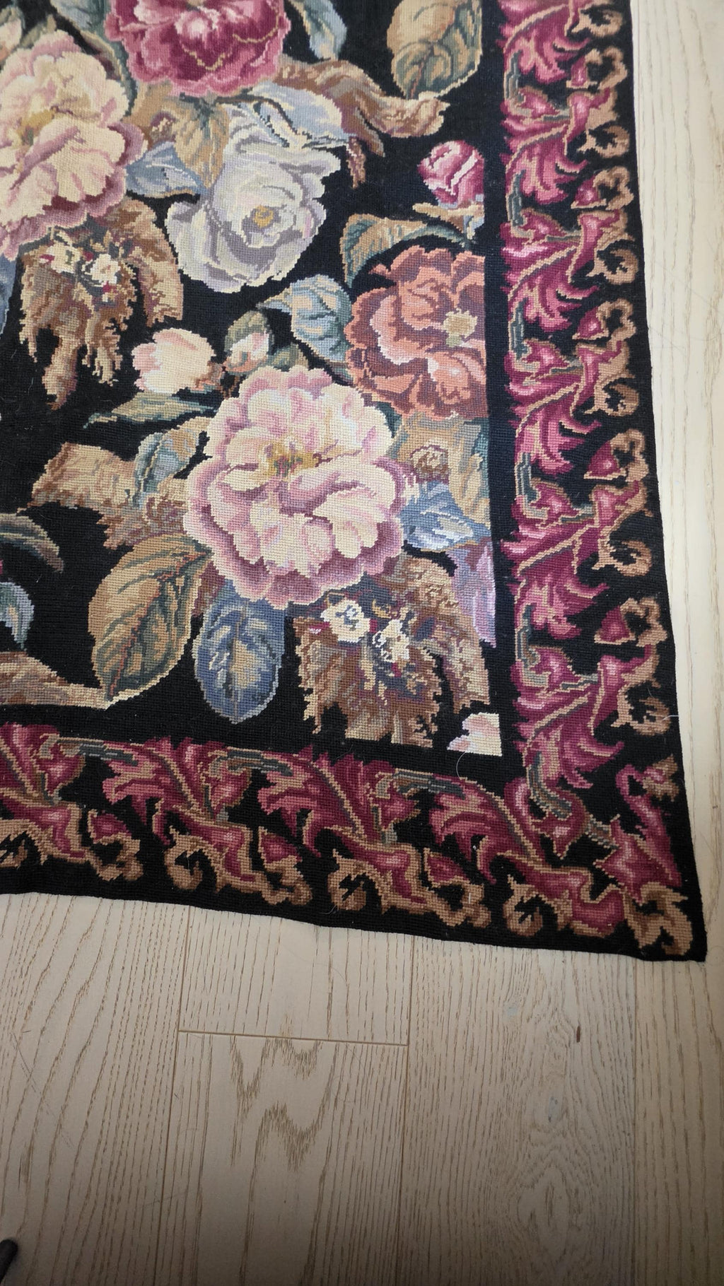 Large Vintage Floral Needlepoint Rug, Rose Tapestry Carpet, Cottagecore Decor, Chateau Style Rug, Traditional Floral Textile