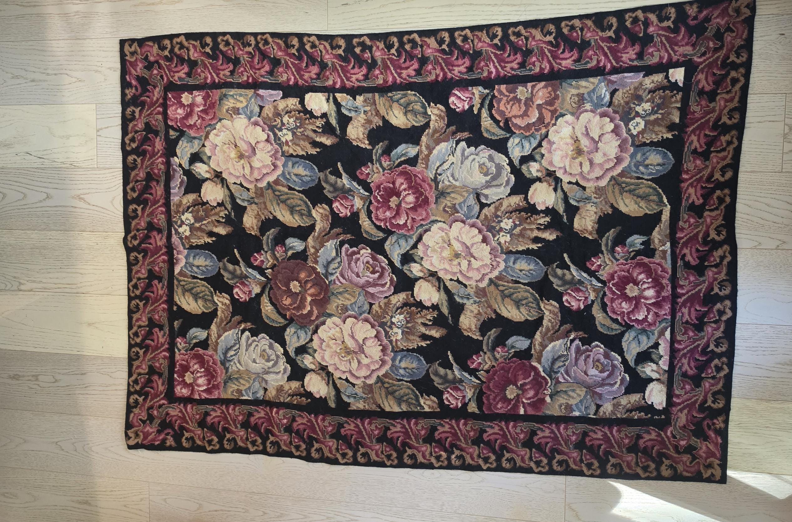 Large Vintage Floral Needlepoint Rug, Rose Tapestry Carpet, Cottagecore Decor, Chateau Style Rug, Traditional Floral Textile
