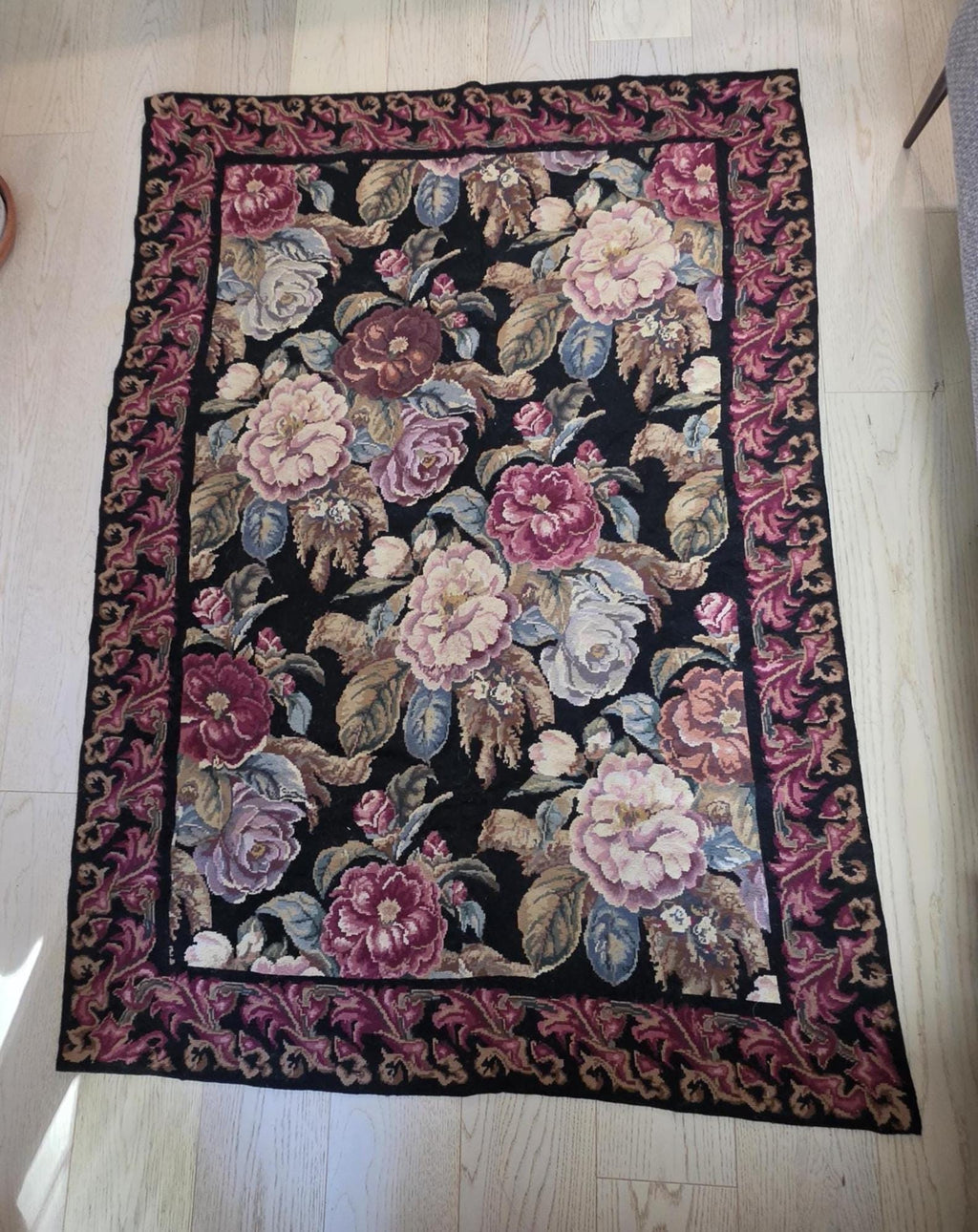 Large Vintage Floral Needlepoint Rug, Rose Tapestry Carpet, Cottagecore Decor, Chateau Style Rug, Traditional Floral Textile