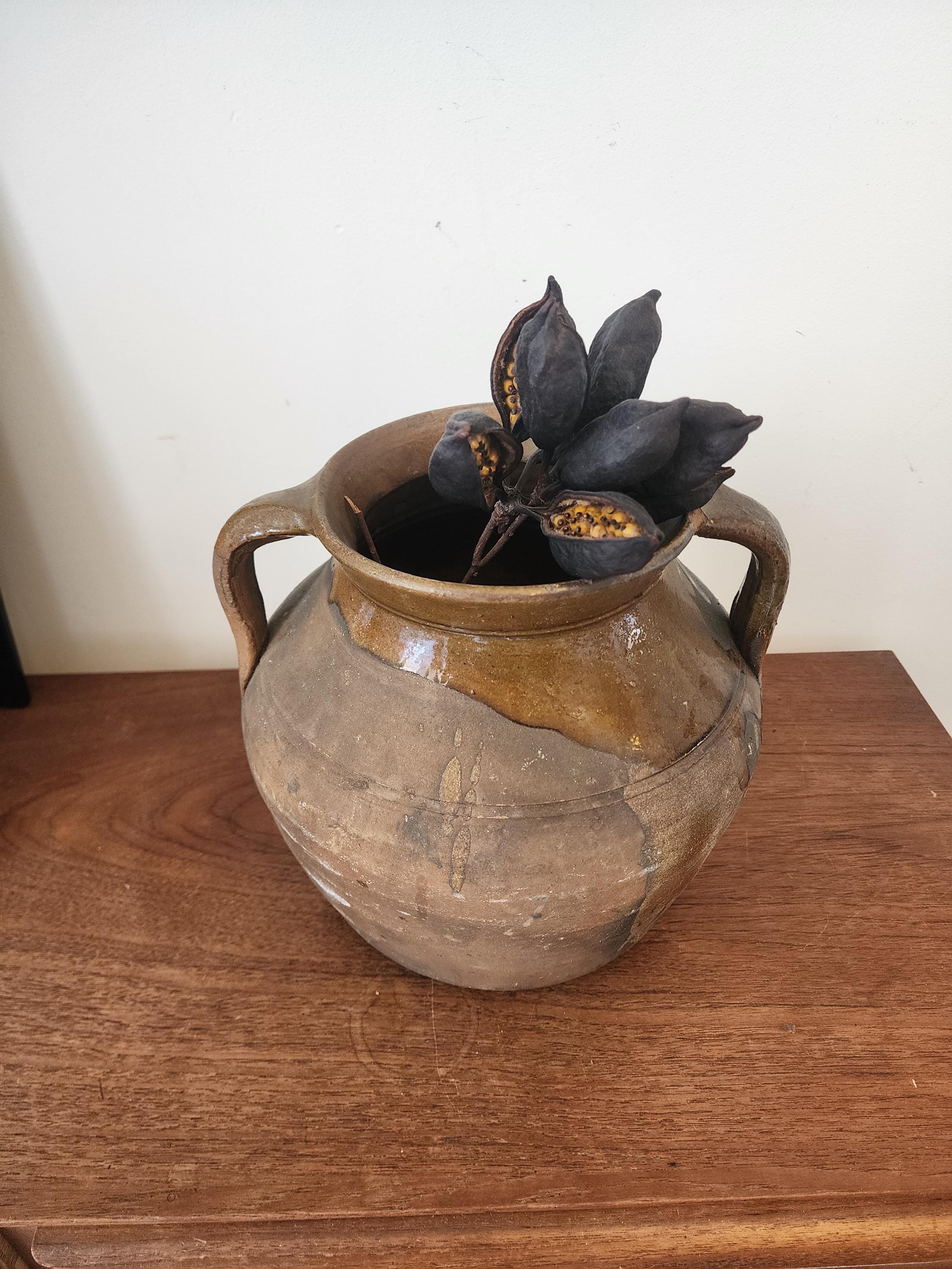 Antique Rustic Terracotta Pot with Handles, European Earthenware Vessel, Wabi Sabi Clay Jar, Primitive Farmhouse Decor, Aged Patina