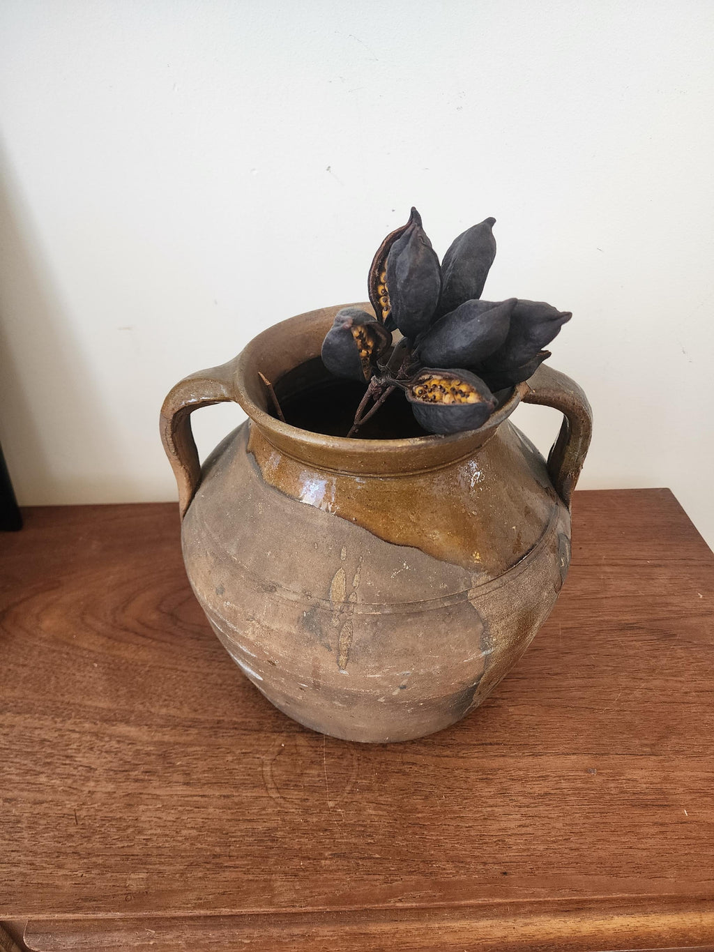 Antique Rustic Terracotta Pot with Handles, European Earthenware Vessel, Wabi Sabi Clay Jar, Primitive Farmhouse Decor, Aged Patina