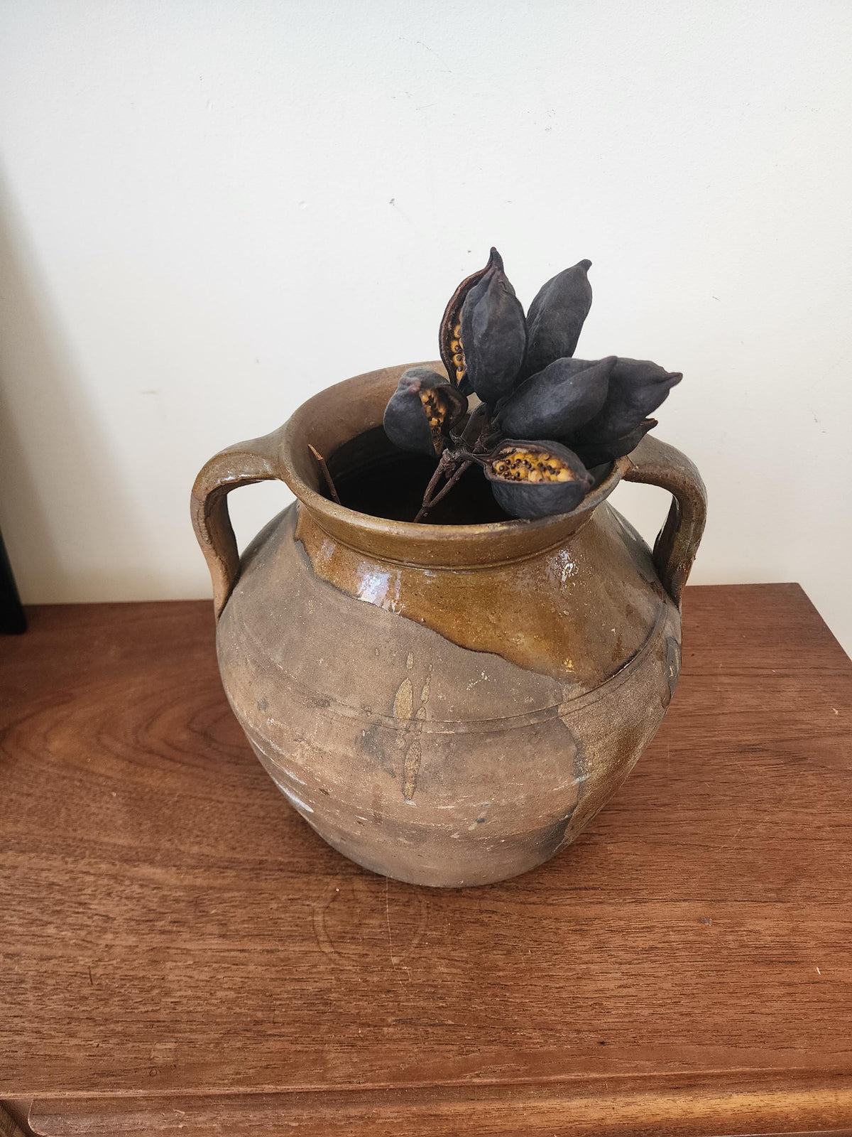 Antique Rustic Terracotta Pot with Handles, European Earthenware Vessel, Wabi Sabi Clay Jar, Primitive Farmhouse Decor, Aged Patina
