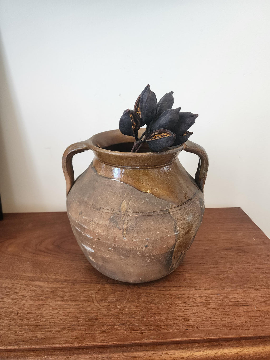 Antique Rustic Terracotta Pot with Handles, European Earthenware Vessel, Wabi Sabi Clay Jar, Primitive Farmhouse Decor, Aged Patina