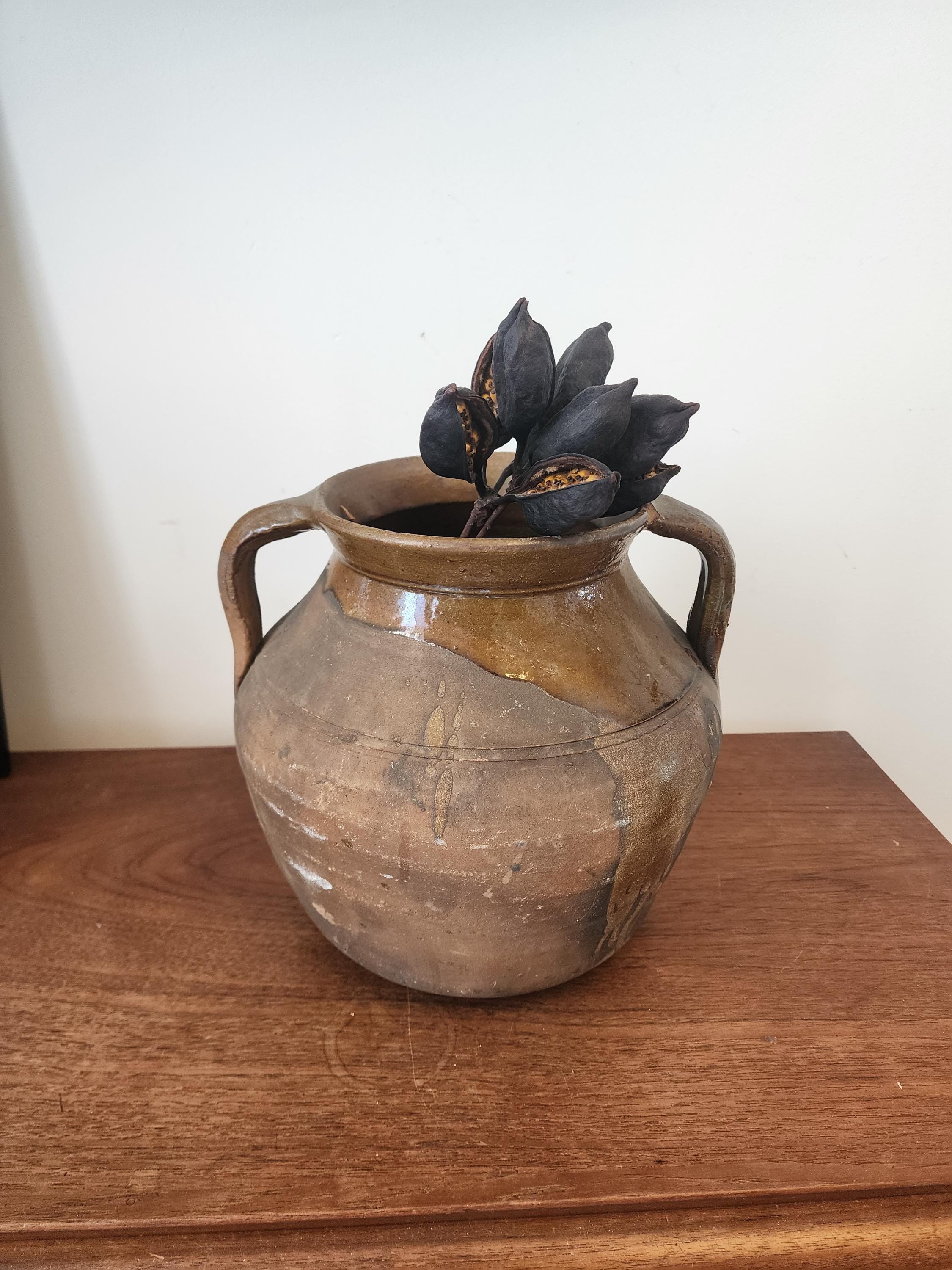 Antique Rustic Terracotta Pot with Handles, European Earthenware Vessel, Wabi Sabi Clay Jar, Primitive Farmhouse Decor, Aged Patina