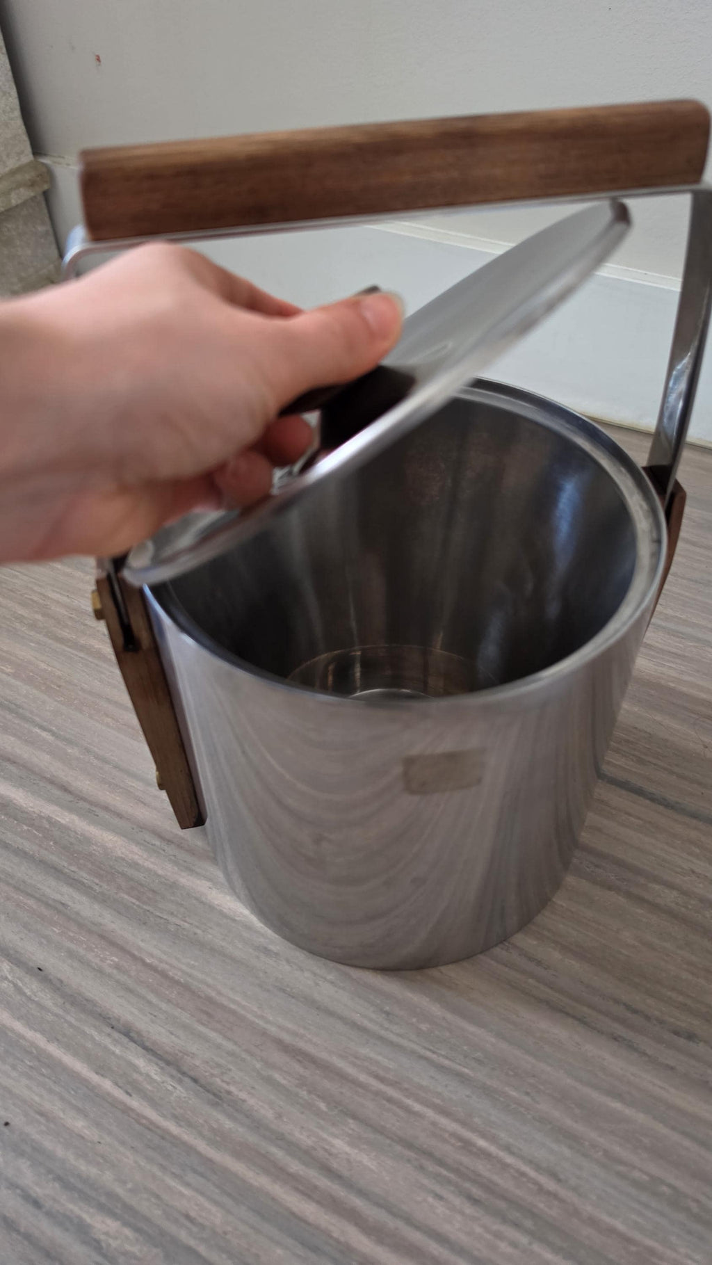 1960s Swedish Cultura Stainless Steel Ice Bucket Teak Handle Mid Century Modern Barware Sweden