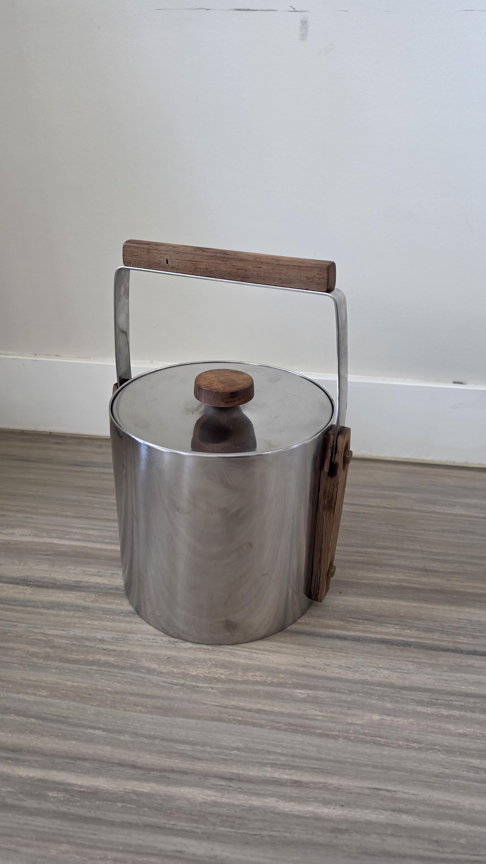 1960s Swedish Cultura Stainless Steel Ice Bucket Teak Handle Mid Century Modern Barware Sweden