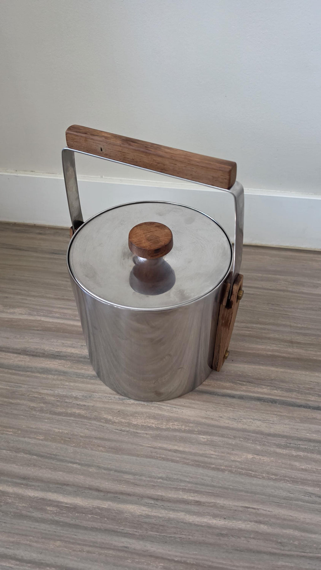 1960s Swedish Cultura Stainless Steel Ice Bucket Teak Handle Mid Century Modern Barware Sweden
