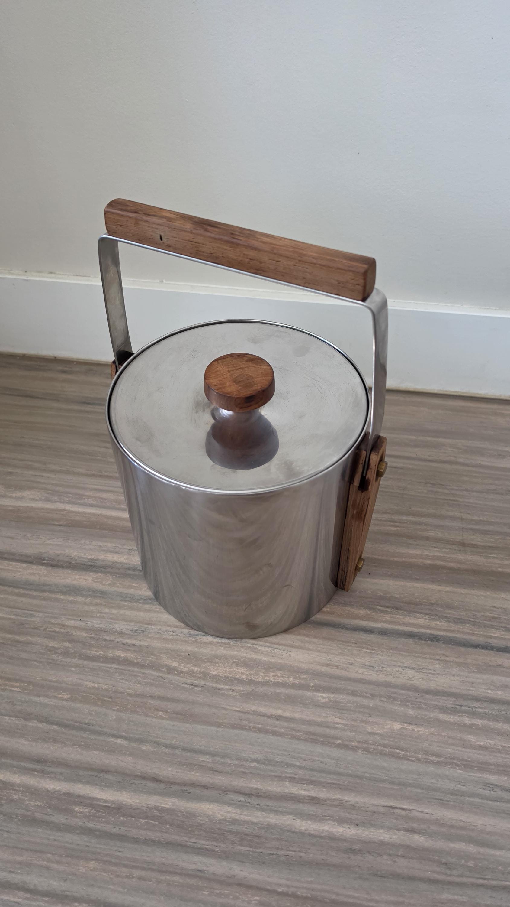1960s Swedish Cultura Stainless Steel Ice Bucket Teak Handle Mid Century Modern Barware Sweden