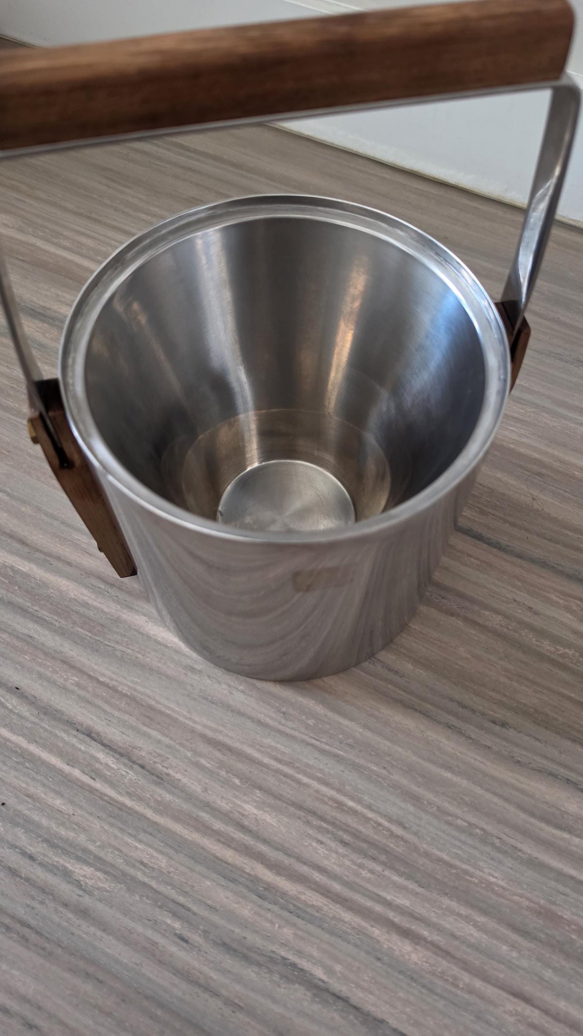 1960s Swedish Cultura Stainless Steel Ice Bucket Teak Handle Mid Century Modern Barware Sweden