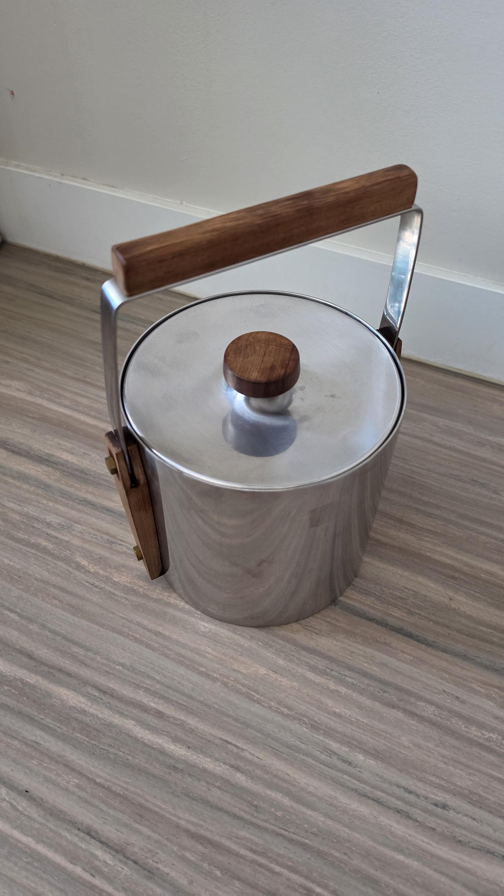 1960s Swedish Cultura Stainless Steel Ice Bucket Teak Handle Mid Century Modern Barware Sweden