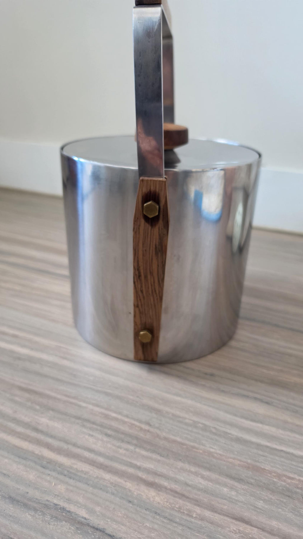 1960s Swedish Cultura Stainless Steel Ice Bucket Teak Handle Mid Century Modern Barware Sweden